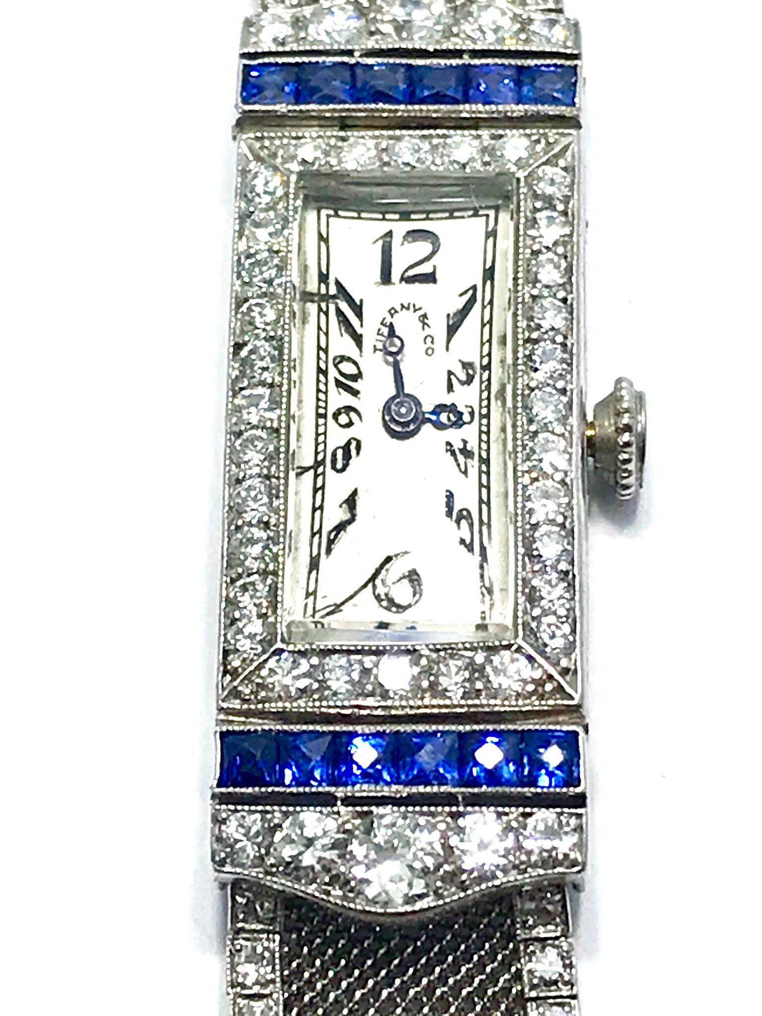 Round Cut Tiffany & Co. Platinum Diamond Sapphire Manual Bracelet Wristwatch