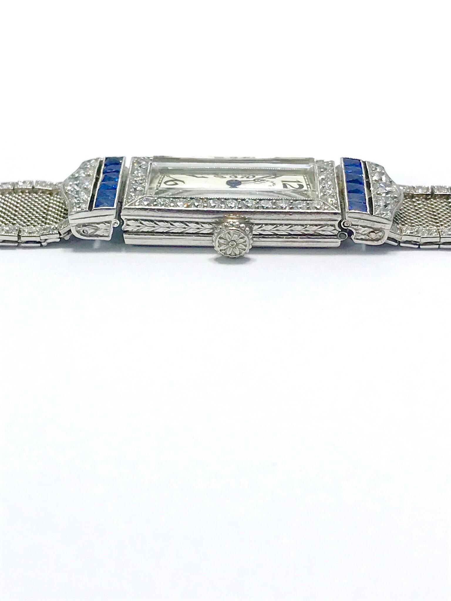 Tiffany & Co. Platinum Diamond Sapphire Manual Bracelet Wristwatch In Excellent Condition In Chevy Chase, MD