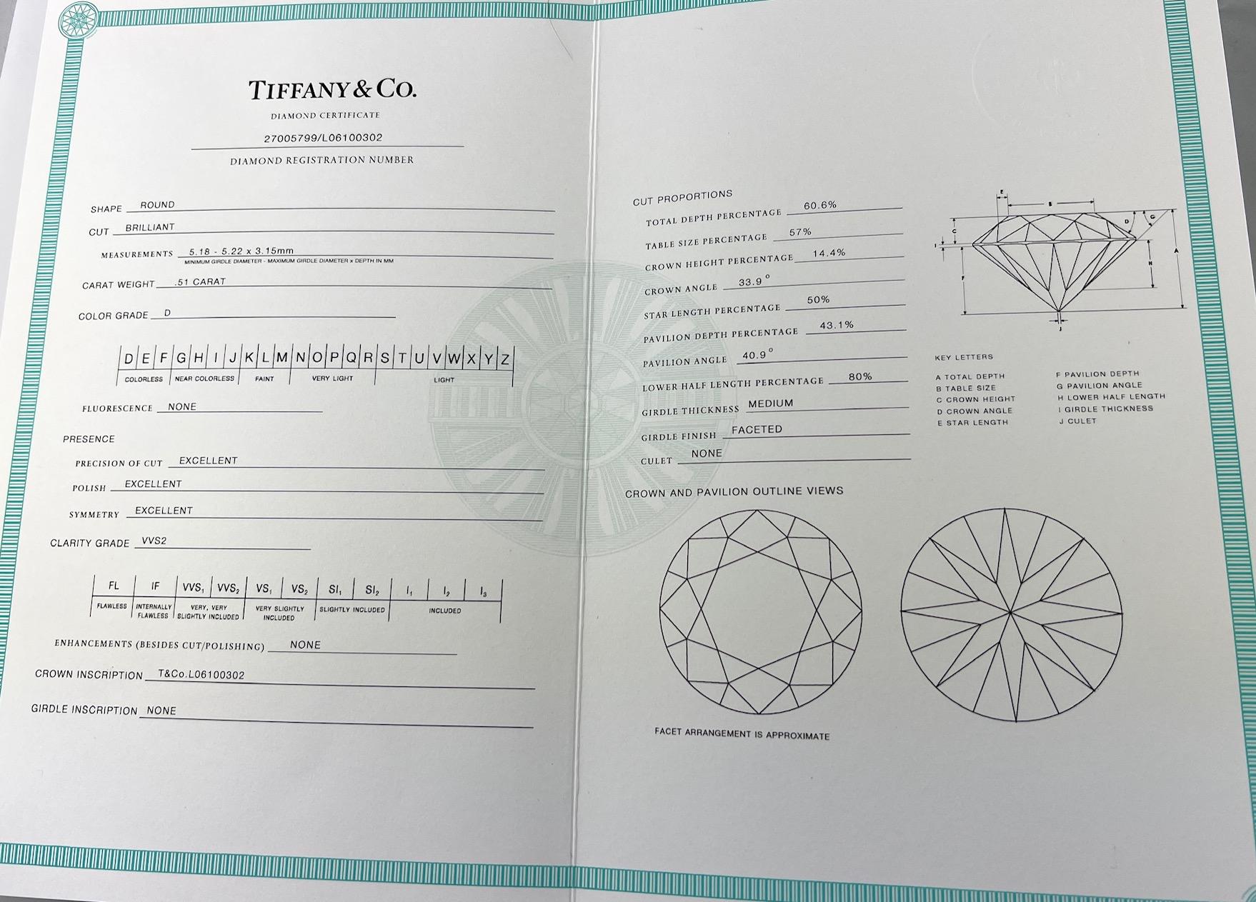 Tiffany & Co. Platinum Diamond Solitaire .51ct VVS2 D Engagement Ring Box/Papers 4