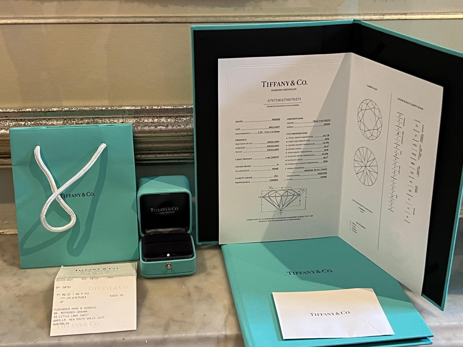 Tiffany & Co. Platinum Diamond Solitaire Engagement Ring 1.66ct 5.61g For Sale 10
