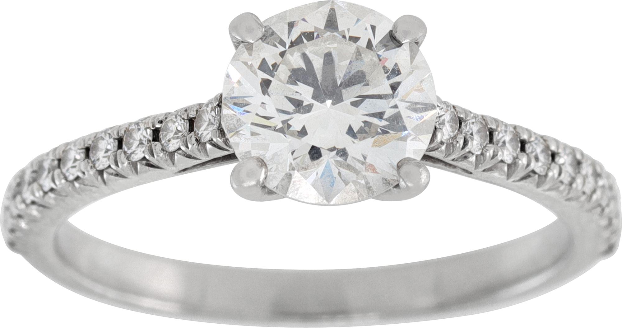 Tiffany & Co. round brilliant cut 1.01 carat (H color, VS1 clarity, Triple X. Set in platinum with diamonds on each side. With Tiffany & Co. certificate and pouch. Circa 2023 Size 6

This Tiffany & Co. ring is currently size 6 and some items can be
