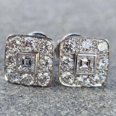 Tiffany & Co. Platinum Diamond Stud Earrings Asscher Center Art Deco Style