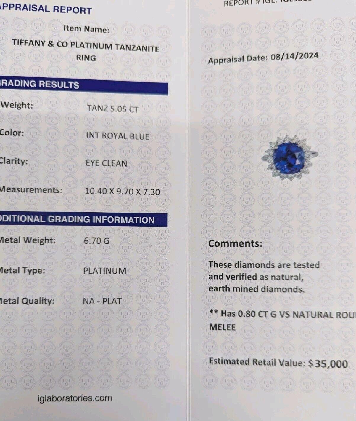 Round Cut TIFFANY & CO. Platinum, Diamond & Tanzanite Ring w/Box & Lab Report