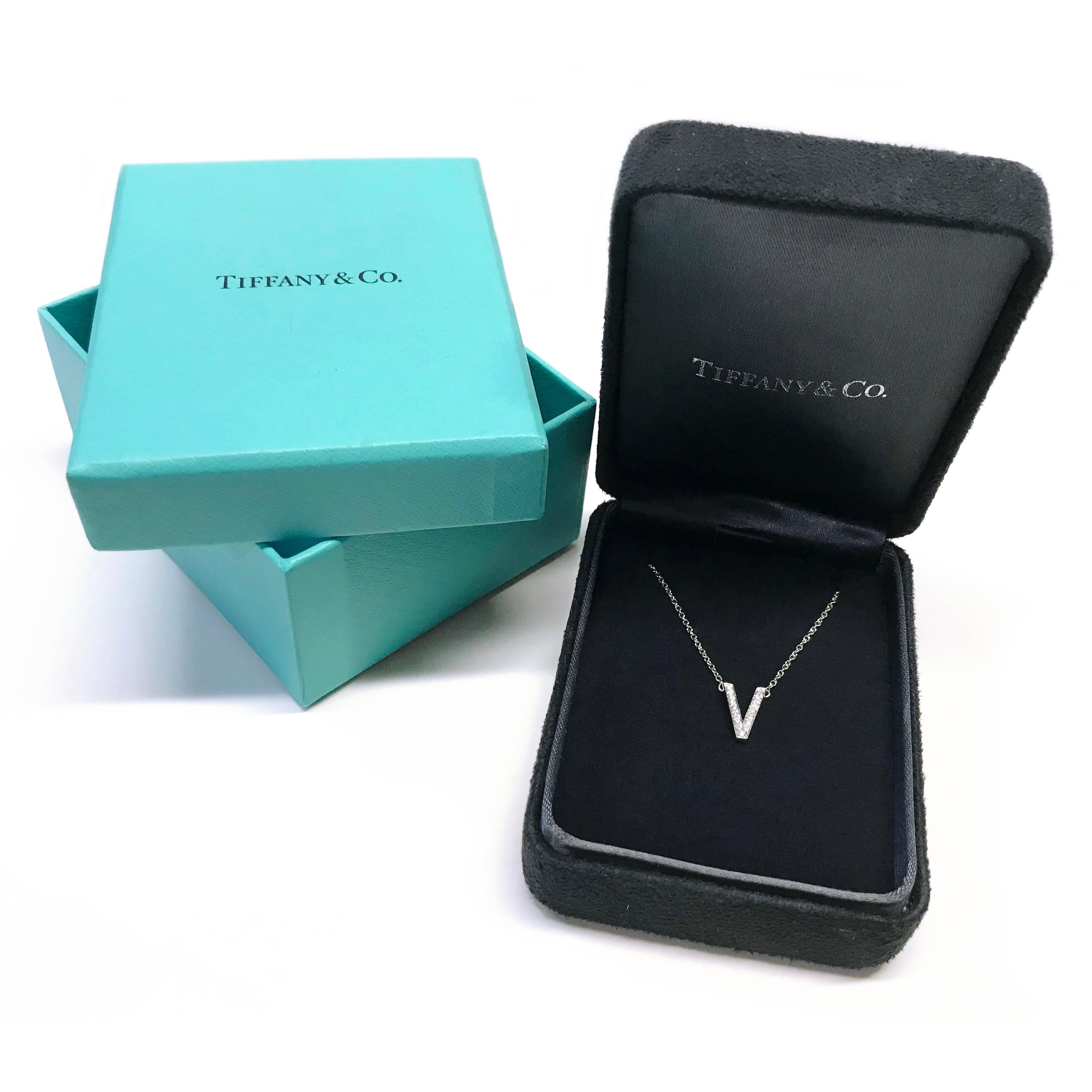 Round Cut Tiffany & Co. Platinum Diamond V Pendant Necklace For Sale