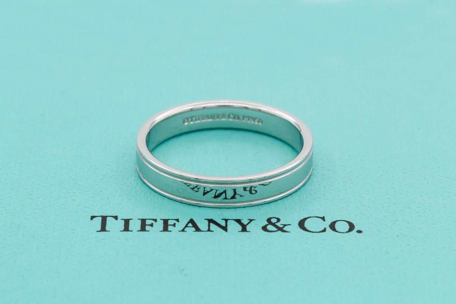 Contemporary Tiffany & Co. Platinum Double Milgrain Mens Wedding Band Ring For Sale