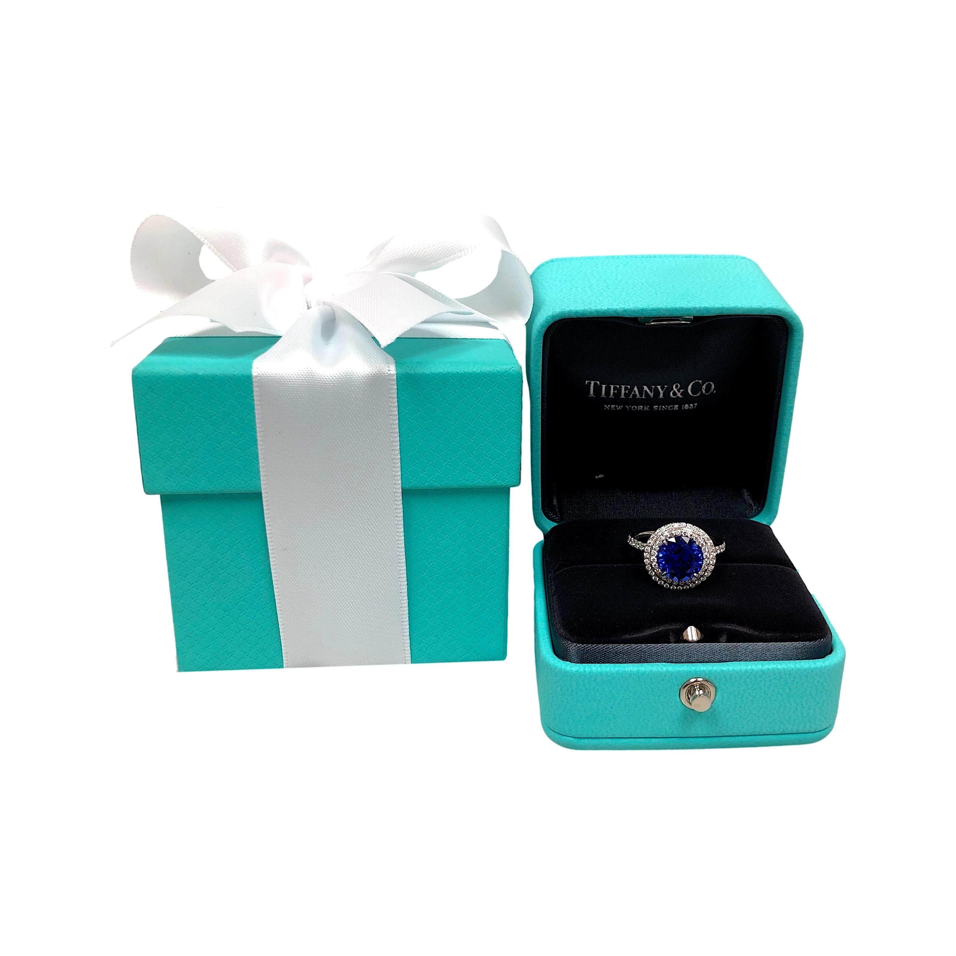 Tiffany & Co. Platinum Double Soleste Round Shape 3ct Tanzanite Diamond Ring For Sale 5