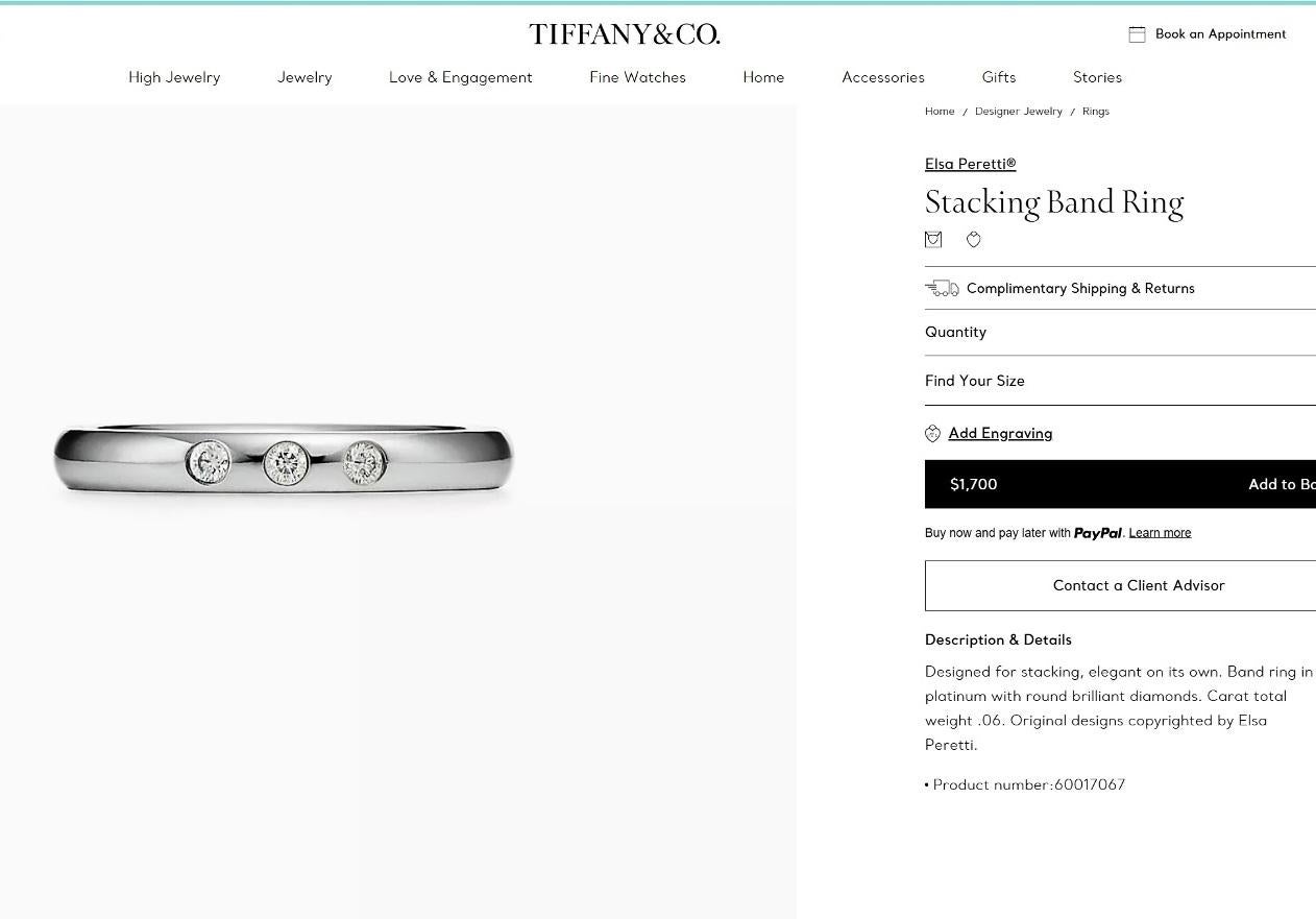 Women's TIFFANY & Co. Elsa Peretti Platinum .06ct Diamond Stacking Band Ring 4.5 For Sale