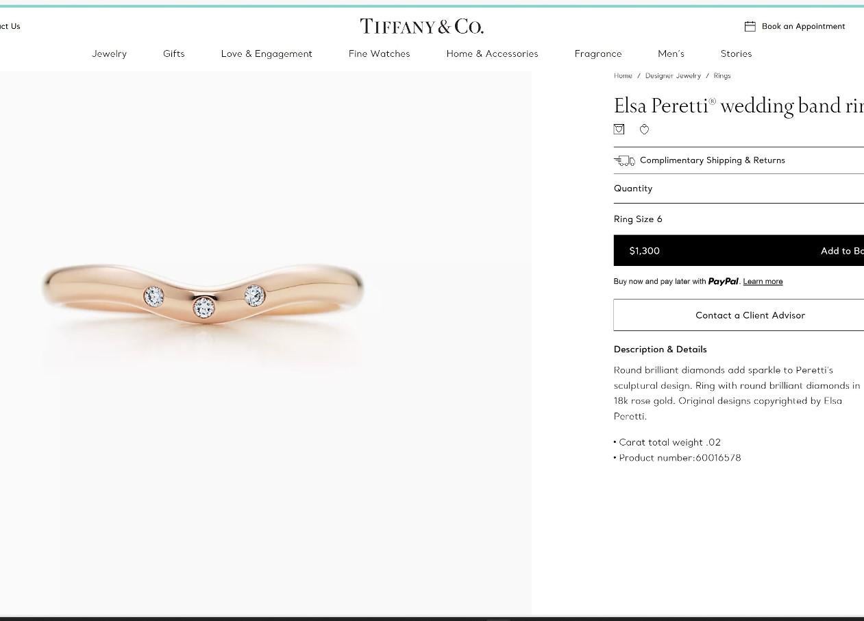 Round Cut TIFFANY & Co. Rose Gold Elsa Peretti 3 Diamond 2mm Curved Wedding Band Ring 4.5 For Sale
