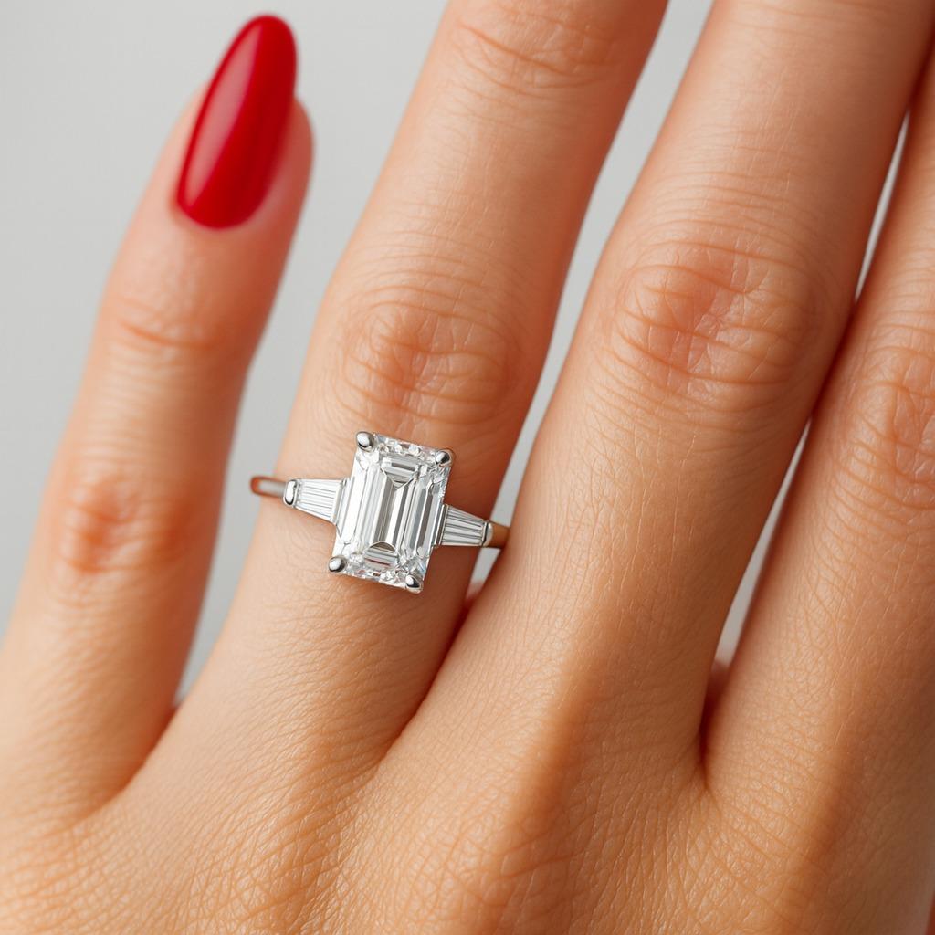 Tiffany & Co. Platinum Emerald Cut Diamond & Baguette Ring In Excellent Condition For Sale In Chicago, IL