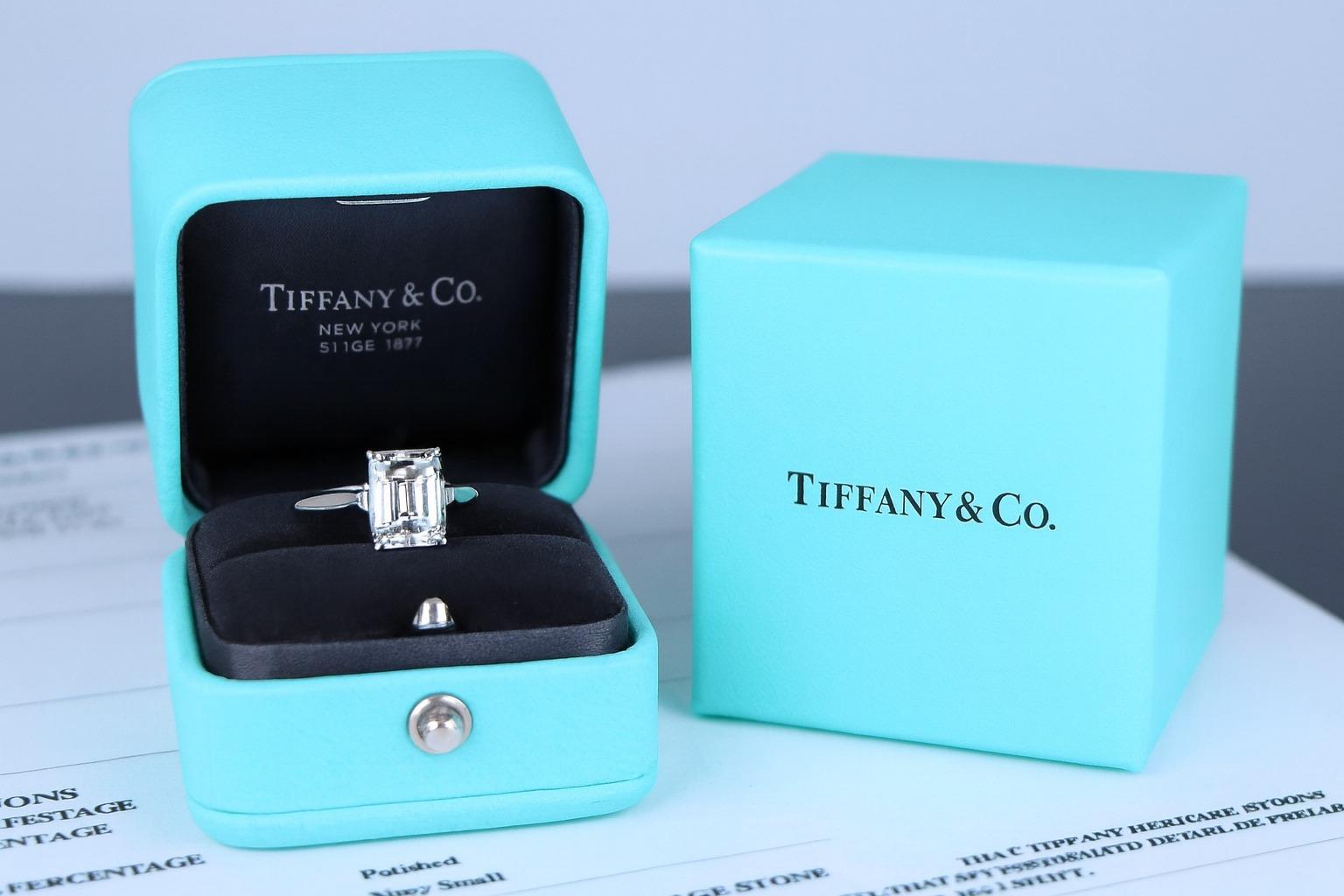 Tiffany & Co. Platinum Emerald Cut Diamond Solitaire Engagement Ring For Sale 1
