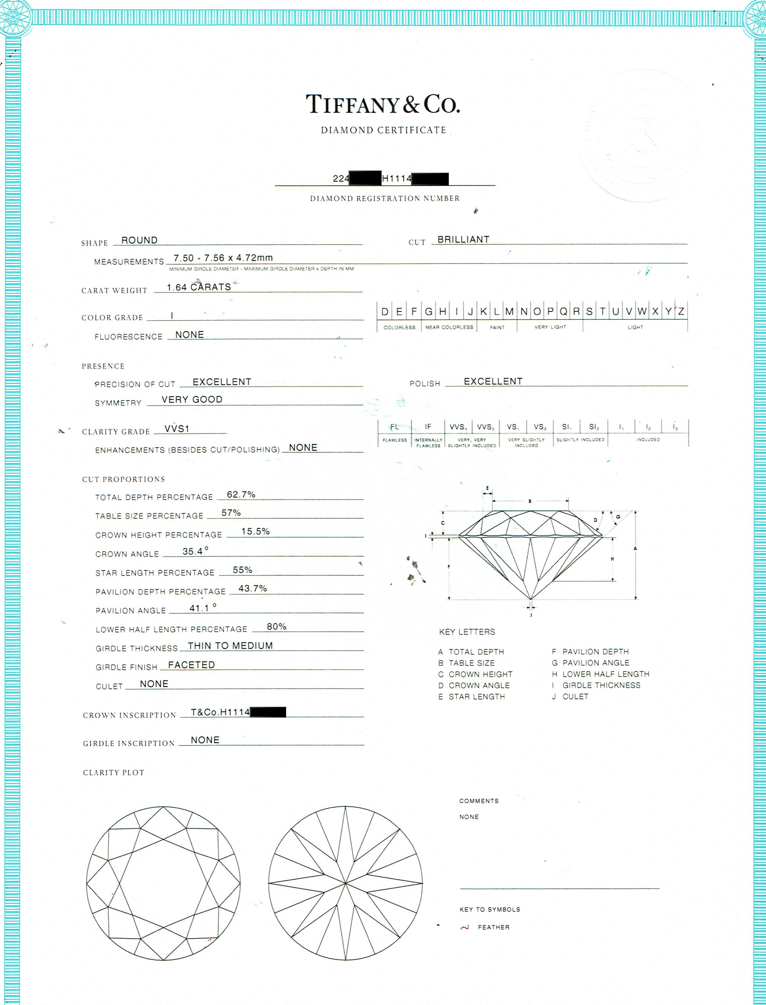 Tiffany & Co Platinum Engagement Ring Round Diamond Solitaire 1.64 cts I VVS1 For Sale 12