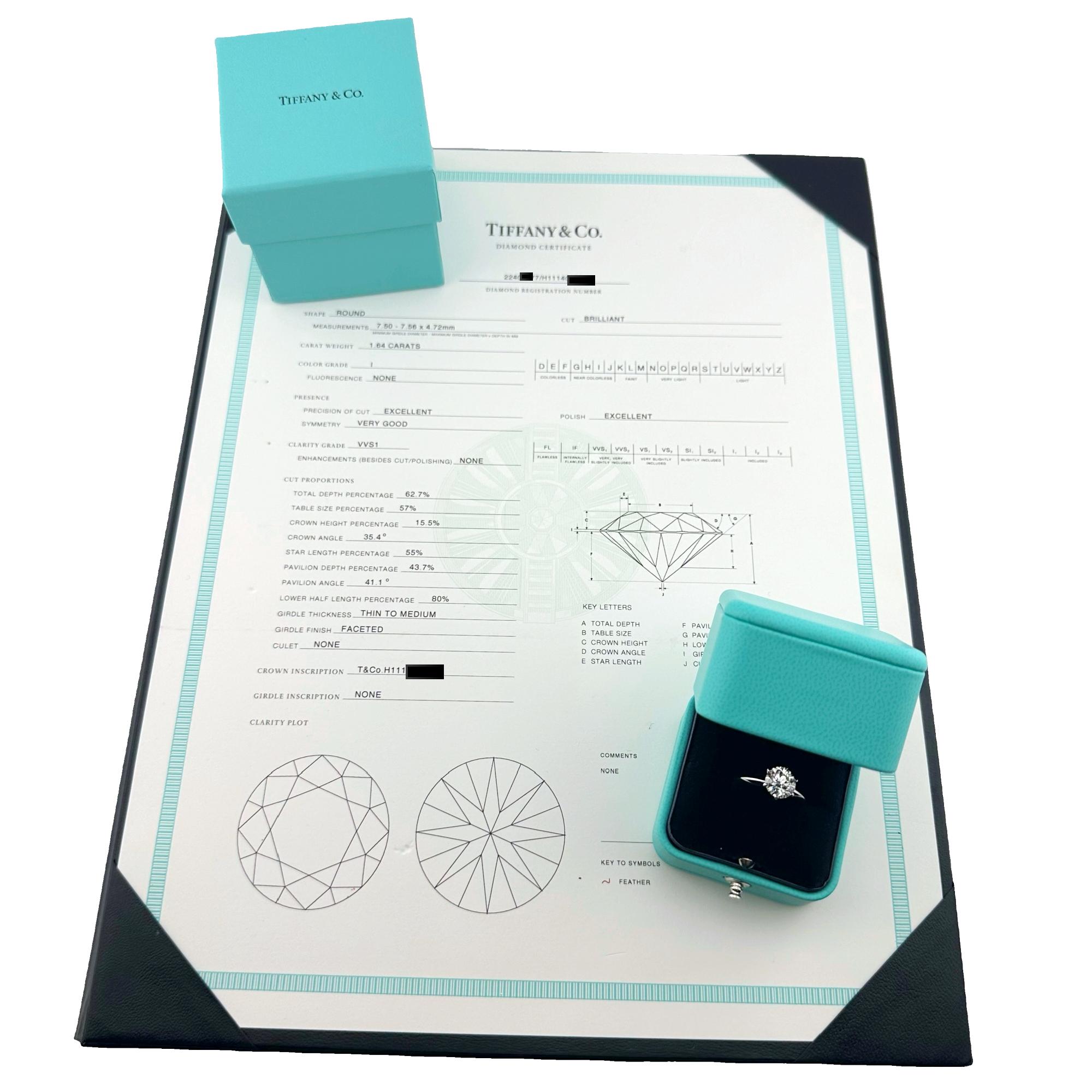 Tiffany & Co Platinum Engagement Ring Round Diamond Solitaire 1.64 cts I VVS1 In Excellent Condition For Sale In San Diego, CA