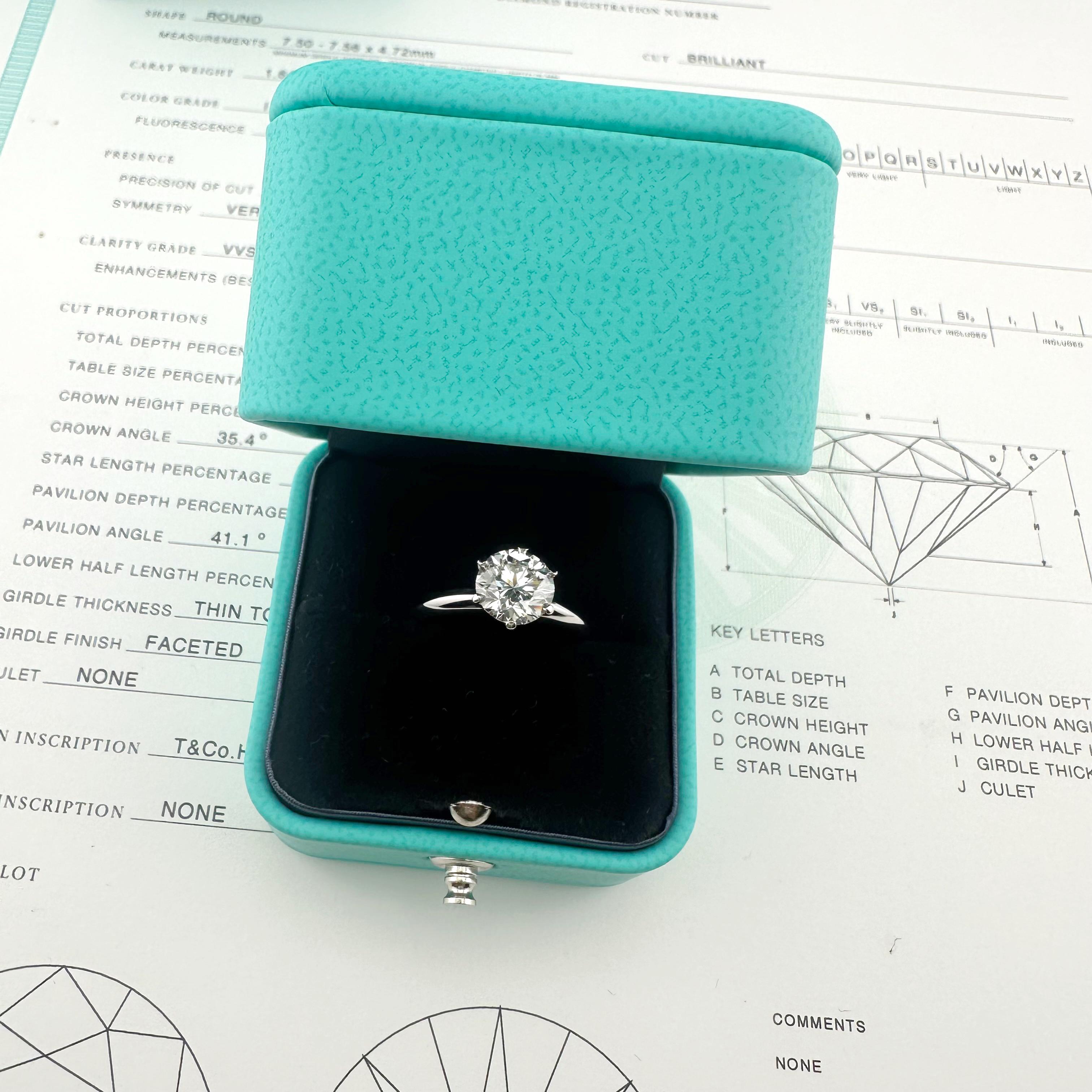 Tiffany & Co Platinum Engagement Ring Round Diamond Solitaire 1.64 cts I VVS1 For Sale 3