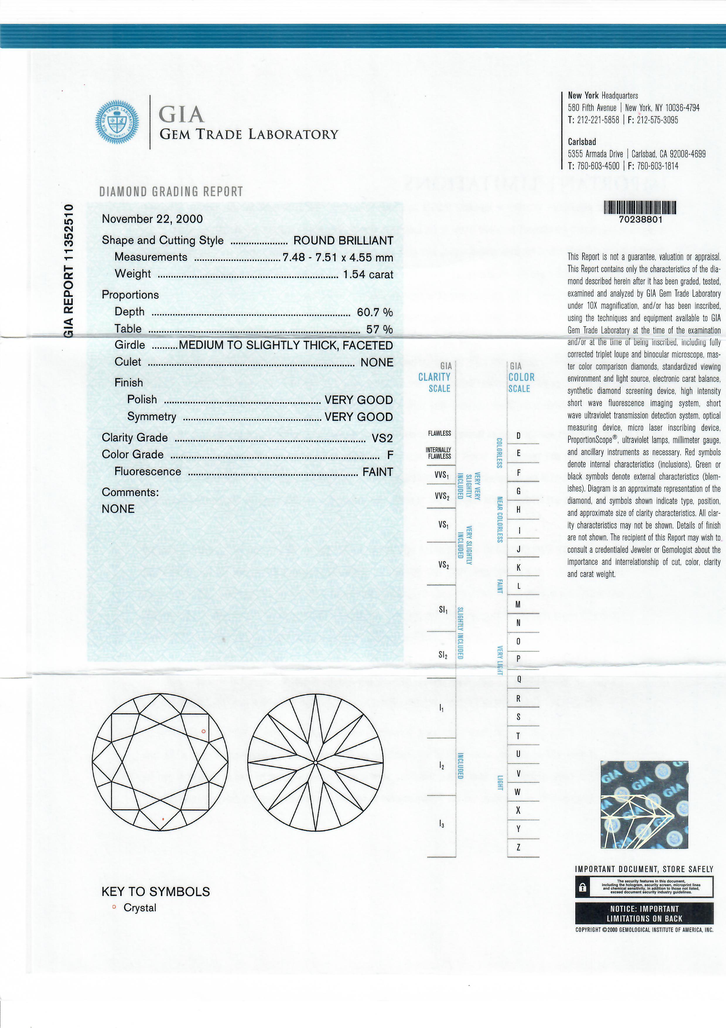 --Stone(s):--
(1) Natural Genuine Diamond - Round Brilliant Cut - Prong Set - F Color - VS2 Clarity - 1.54ct (exact) 
 **See Certification Details Below**
Total Carat Weight: 1.54 (exact)

Material: Solid 950 Platinum
Weight: 3.8 Grams
Chain Type: