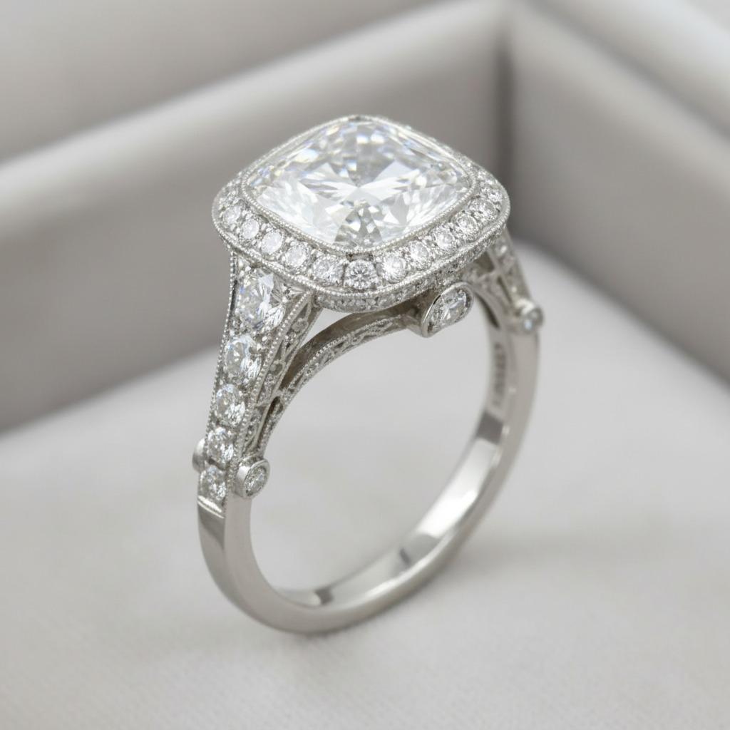 Tiffany & Co Platinum Halo Ring - Bague à coussin brillant de 3,54 carats Excellent état - En vente à Chicago, IL