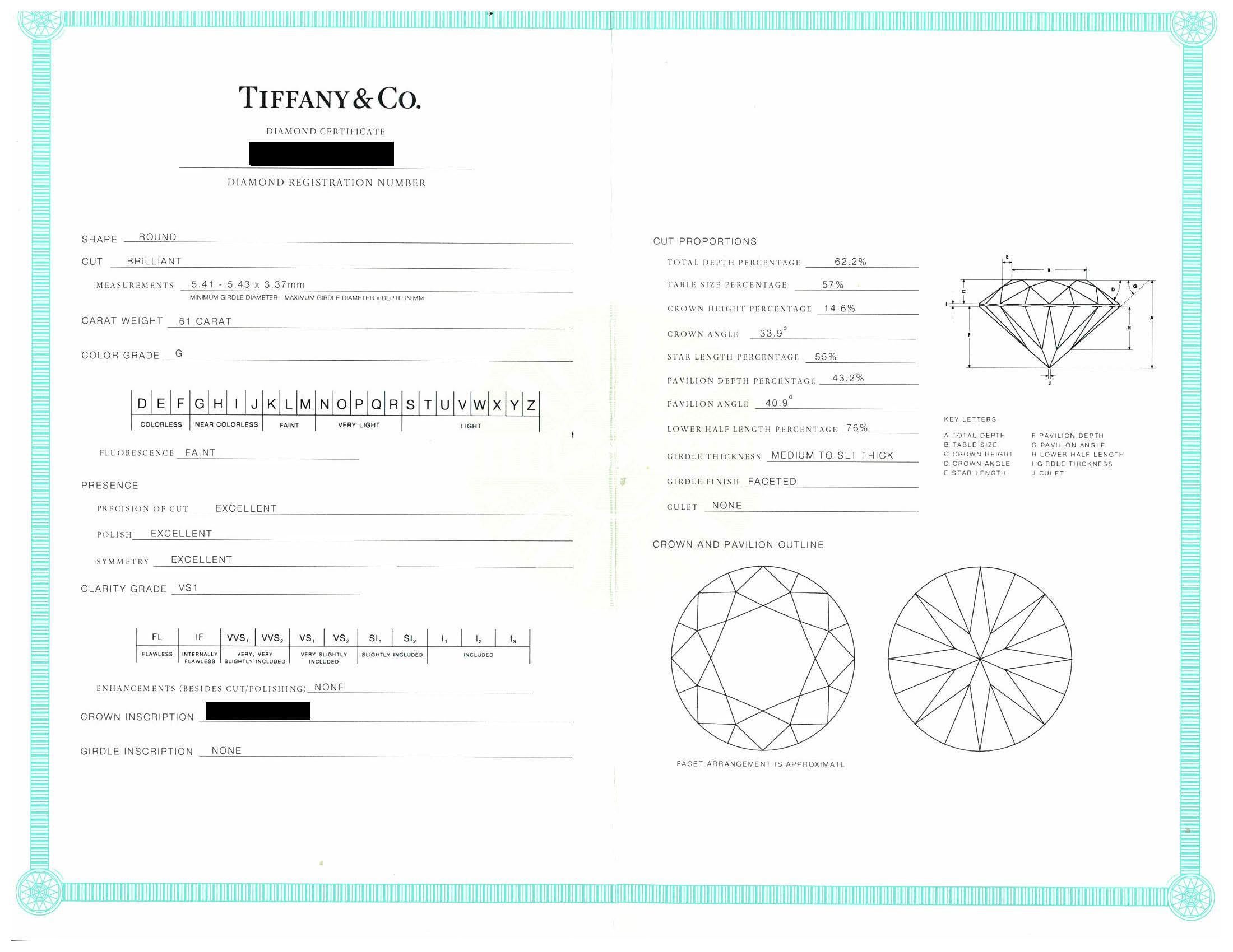 Tiffany & Co. Platinum Harmony Diamond Engagement Ring 0.61 cts. Round  G VS1 5