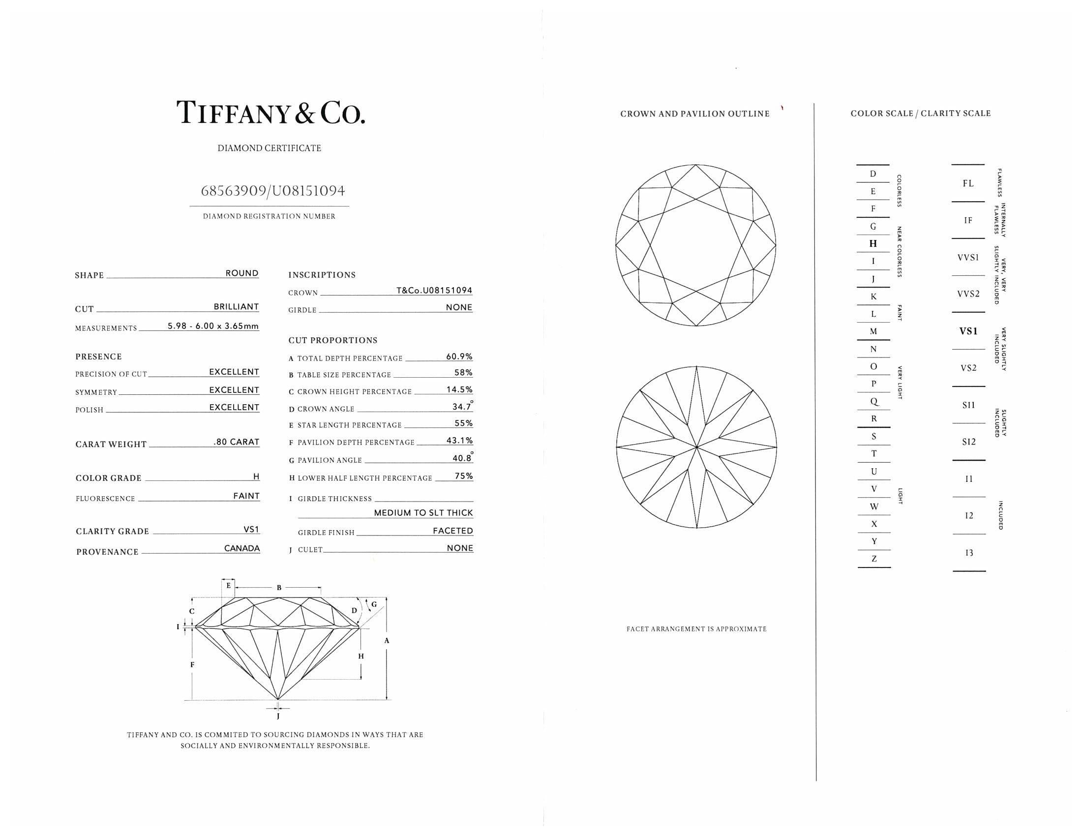 Modern Tiffany & Co. Platinum Harmony Diamond Engagement Ring .80 Cts. Round HVS1 w/Rec