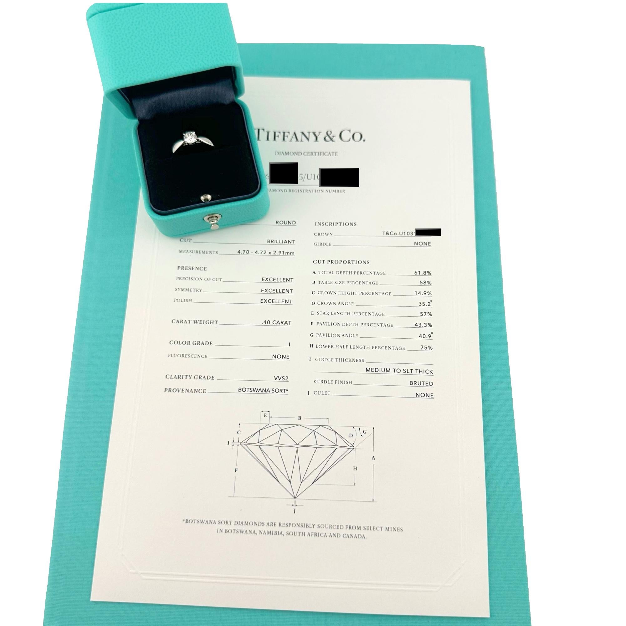Tiffany & Co Harmony Diamond Engagement Ring
Style:  Prong Set Solitaire
Metal:  Platinum Pt950
Size:  3.75 sizable
Main Diamond:  Round Brilliant Diamond 0.45 cts 
Color & Clarity:  I, VVS2
Includes:  T&C Diamond Certificate & T&C Ring
