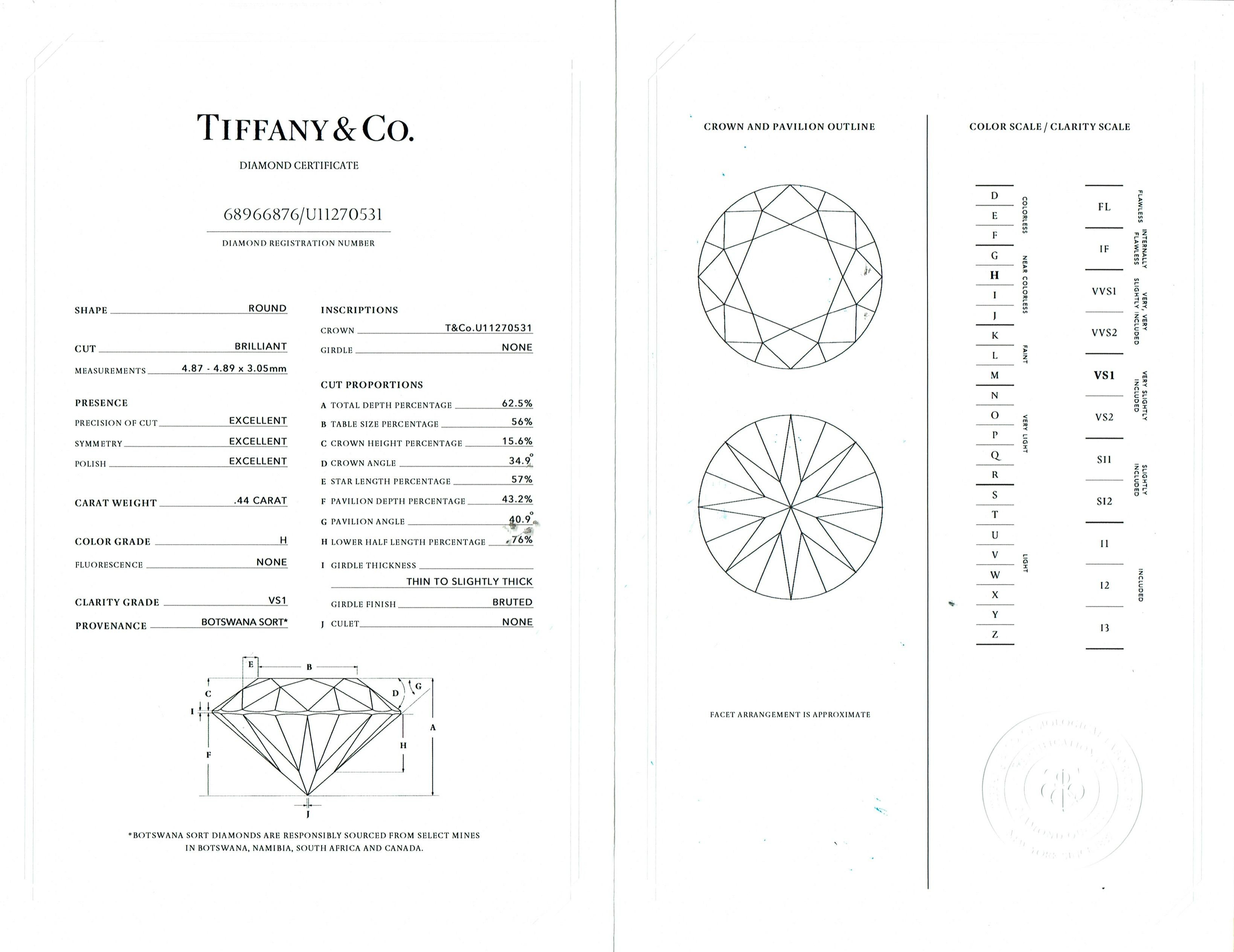 Round Cut Tiffany & Co Platinum Harmony Round Diamond 0.44 ct H VS1 Engagement Ring For Sale