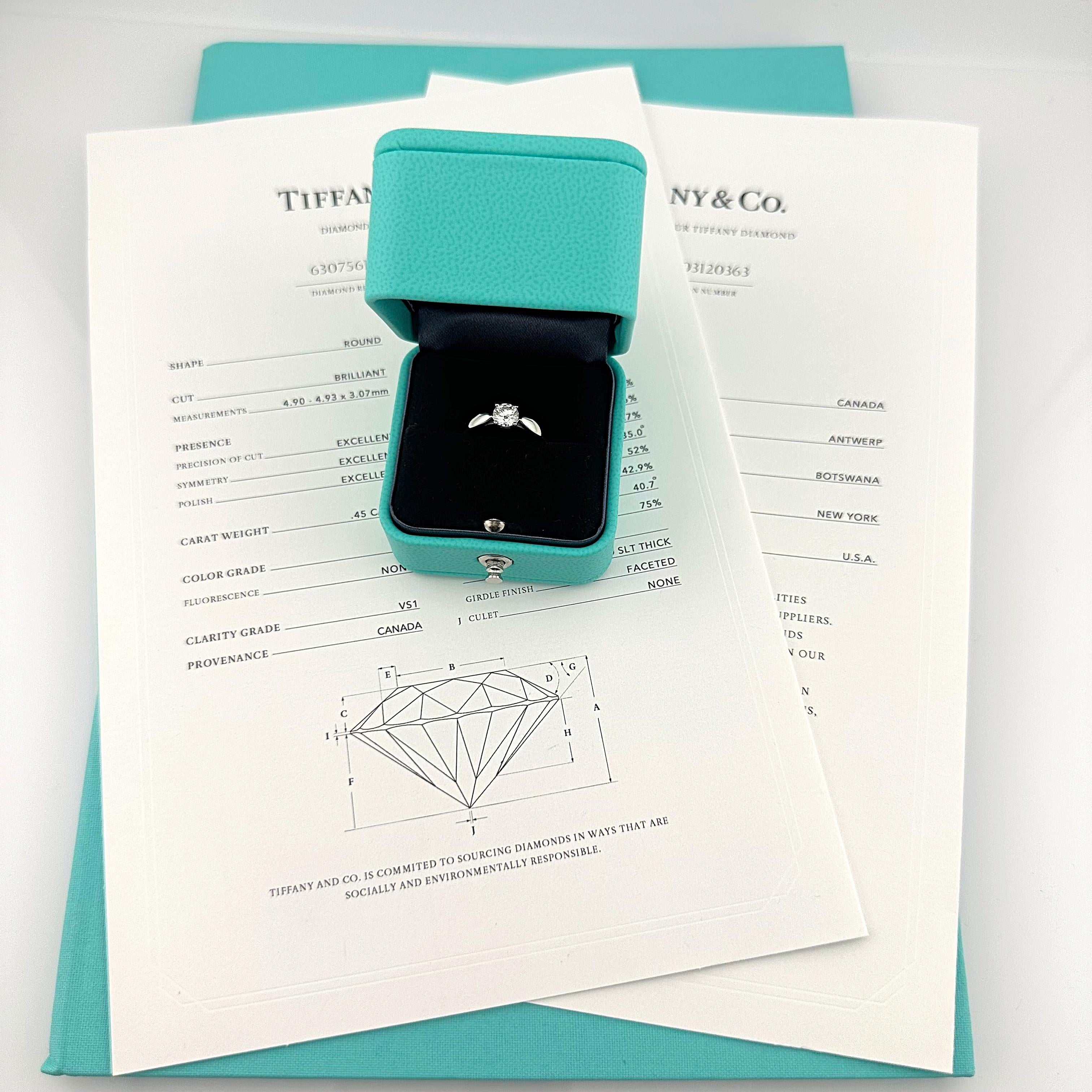 Tiffany & Co Harmony Diamond Engagement Ring
Style:  Prong Set Solitaire
Metal:  Platinum Pt950
Size:  3.25 sizable
Main Diamond:  Round Brilliant Diamond 0.45 cts 
Color & Clarity:  F, VS1
Includes:  T&C Diamond Certificate & T&C Ring Box
