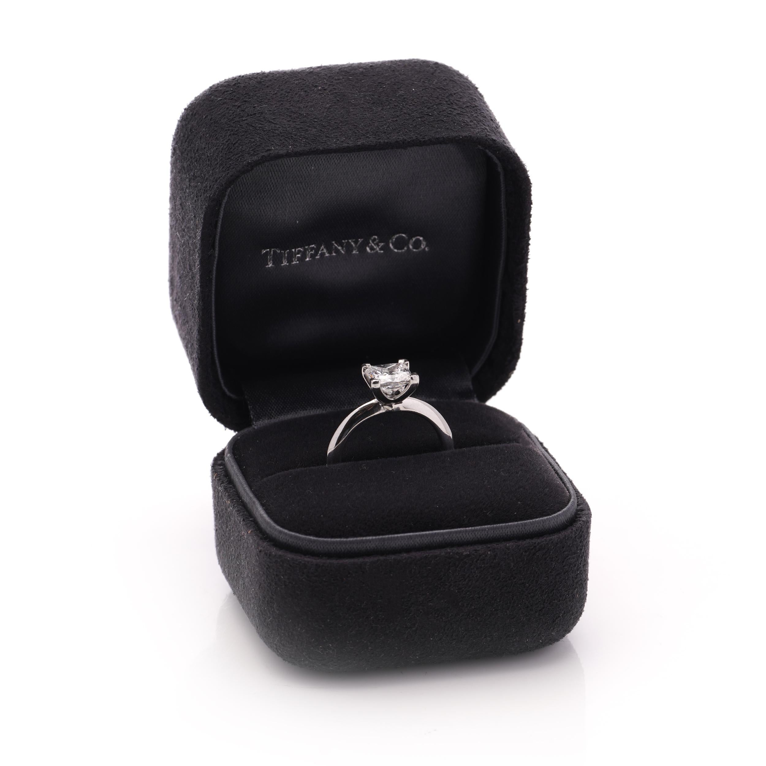 Tiffany & Co. Platinum ladies ring with 1.19 cts. Princess-cut diamond. 
Designer: Tiffany & Co. 
Made in 2018
Fully hallmarked.
Comes with a serial number. 

Comes in  original Tiffany & Co. box. 

Dimension -
Ring Size: 2.5 x 2 x 0.7 cm 
Finger