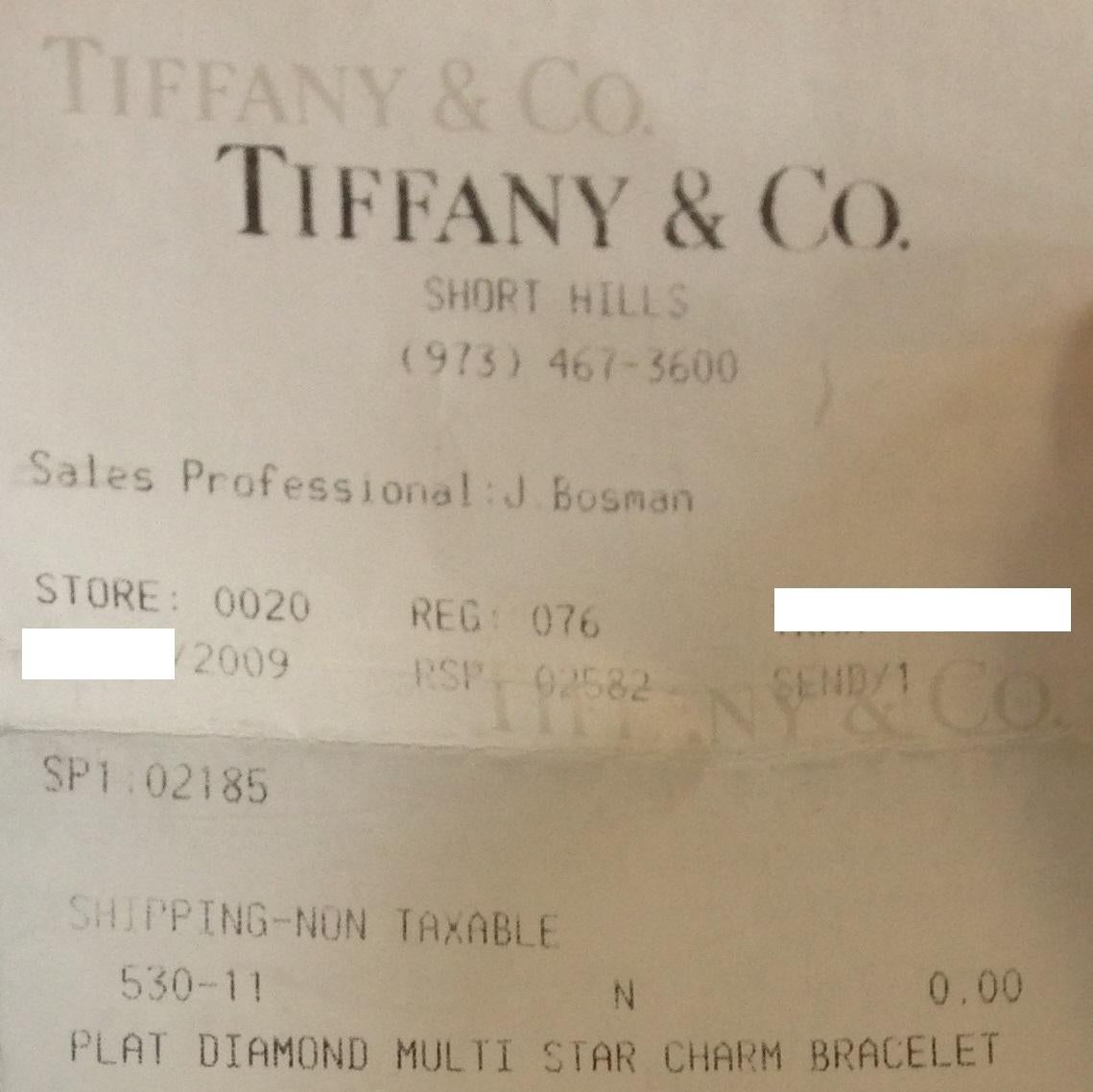 TIFFANY & CO. Platinum Ladies Star Collection DIAMOND Bracelet With Original Purchase Receipt from 2009 (personal info on receipt will be crossed out)

This Bracelet is in overall unworn condition.

7.5 Inches in length

Guaranteed Authentic Tiffany