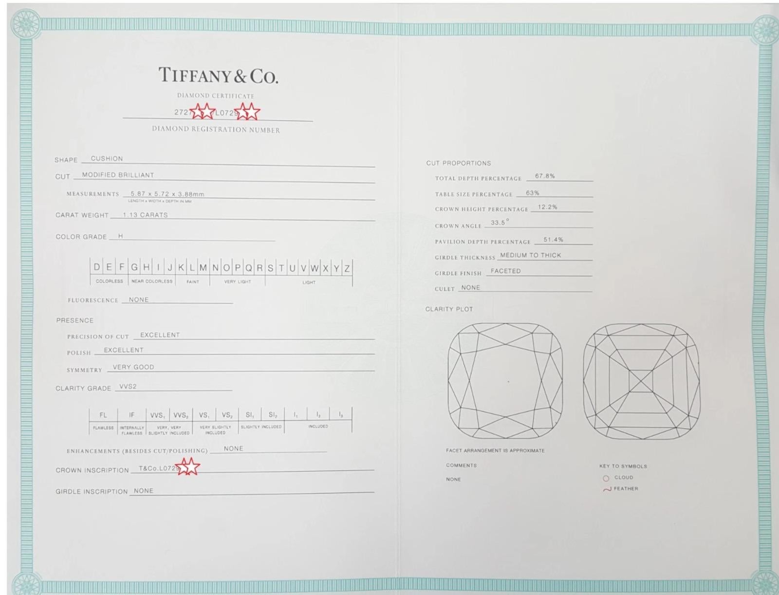 da uomo o donna Tiffany & Co. Anello in platino Legacy con diamante taglio ideale a cuscino da 1,44 carati in vendita