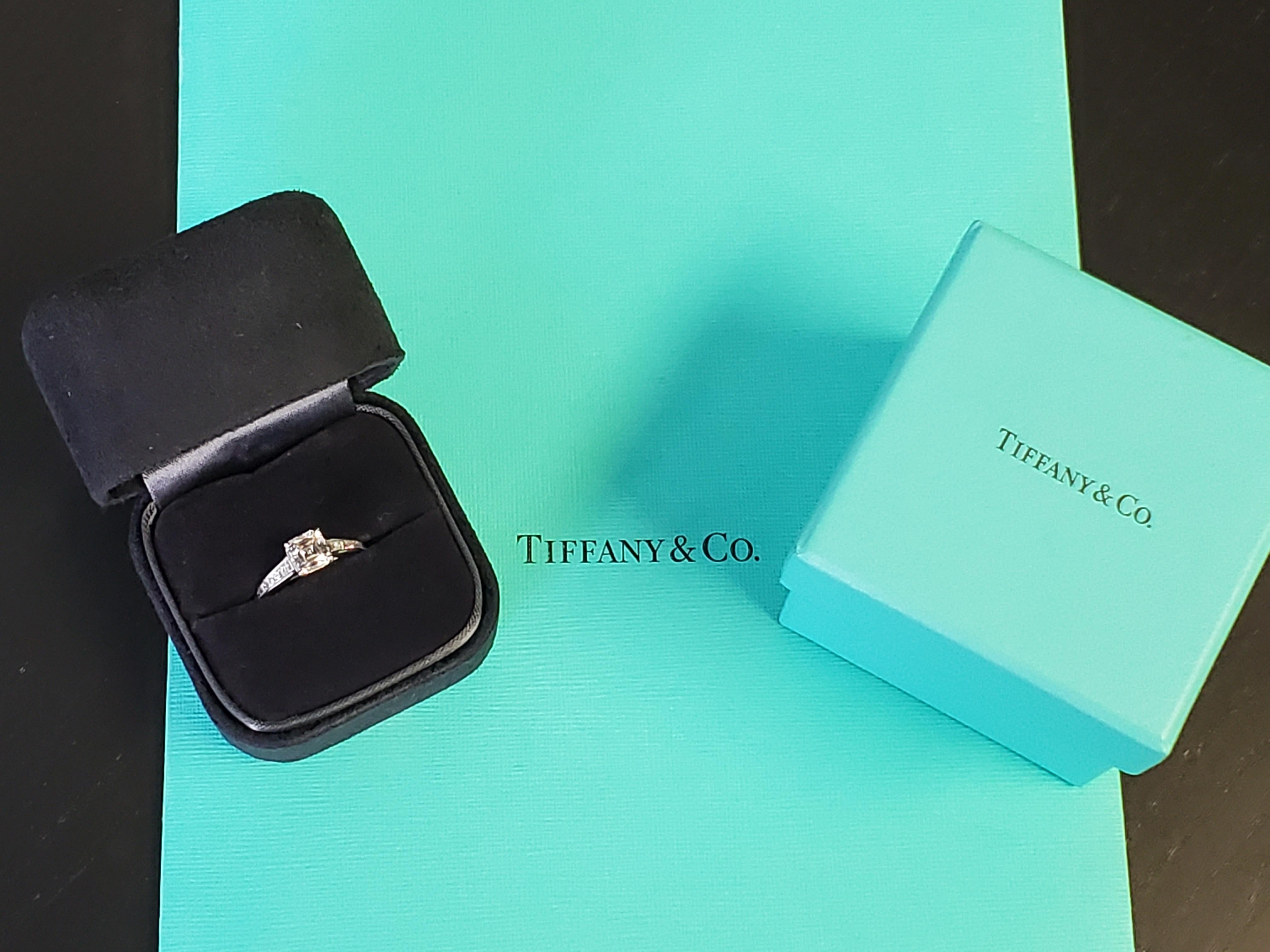Tiffany & Co. Platinum Legacy Cushion 1.56tcw G VVS2 Tapered Diamonds Rare! In Good Condition For Sale In Overland Park, KS