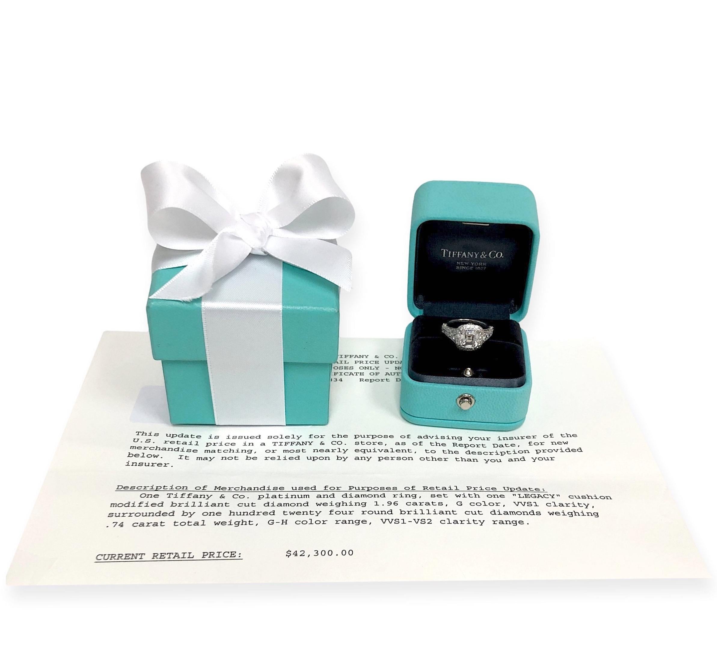 Women's Tiffany & Co. Platinum Legacy Cushion Diamond Engagement Ring 2.70cts. TW GVVS1