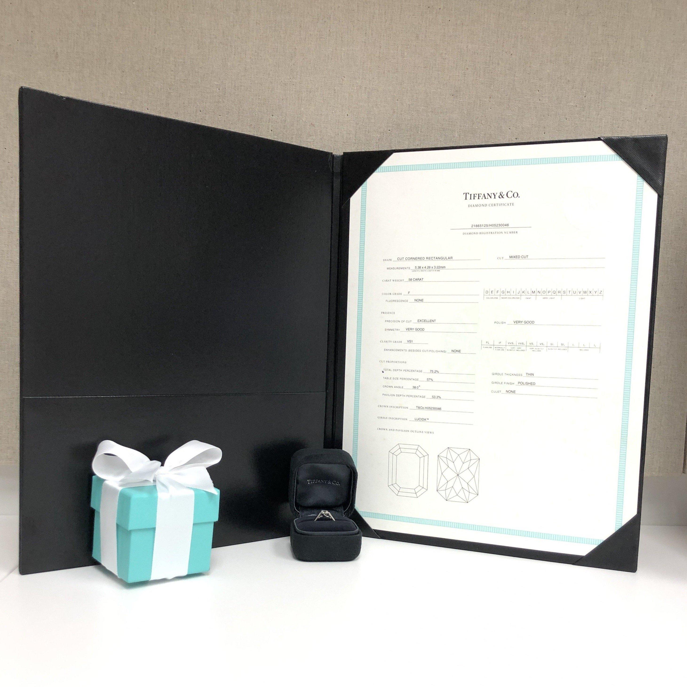 Women's or Men's Tiffany & Co. Platinum Lucida Cut 0.58ct FVS1 Bezel Set Engagement Ring