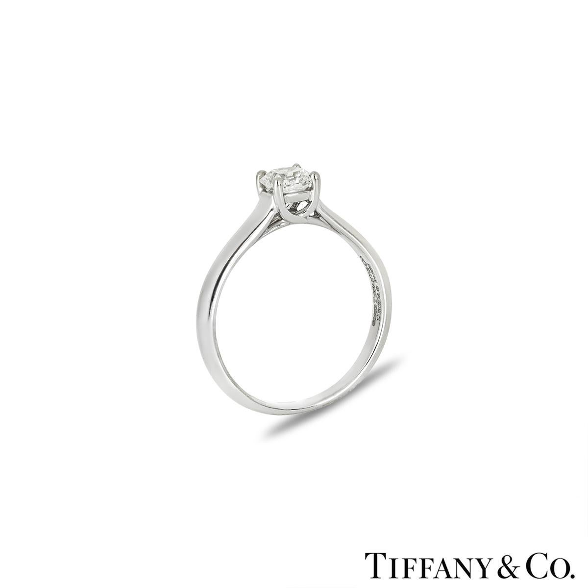 A lovely platinum Tiffany & Co. diamond ring from the Lucida collection. The solitaire ring comprises of a Lucida cut diamond in a 4 claw setting with a weight of 0.53ct, H colour and VVS1 clarity. The 2.8mm ring has a gross weight of 4.29 grams and