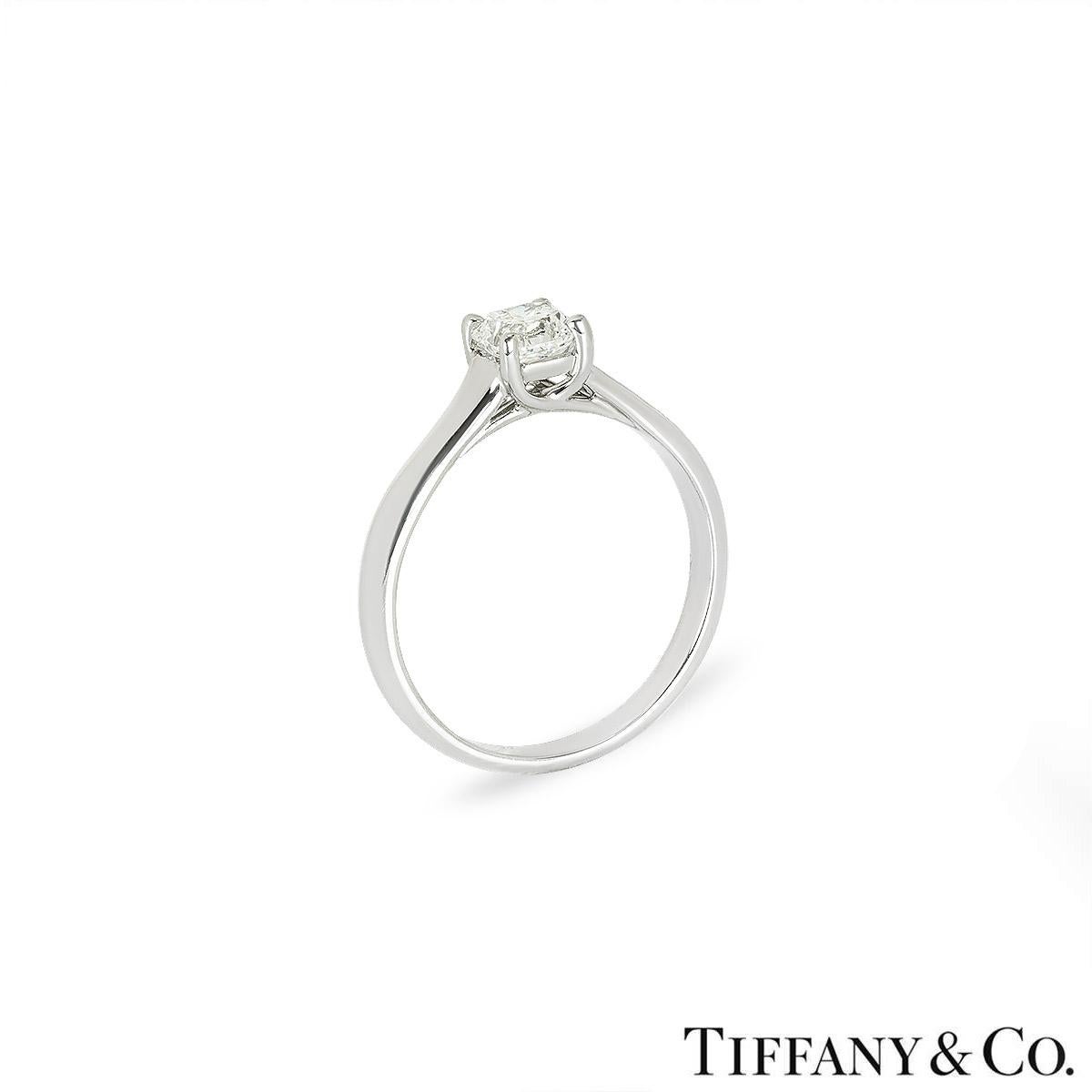 A lovely platinum Tiffany & Co. diamond ring from the Lucida collection. The solitaire ring comprises of a Lucida cut diamond in a 4 claw setting with a weight of 0.66ct, H colour and VVS1 clarity. The ring tapers down from 3.45mm wide to 2.33mm,