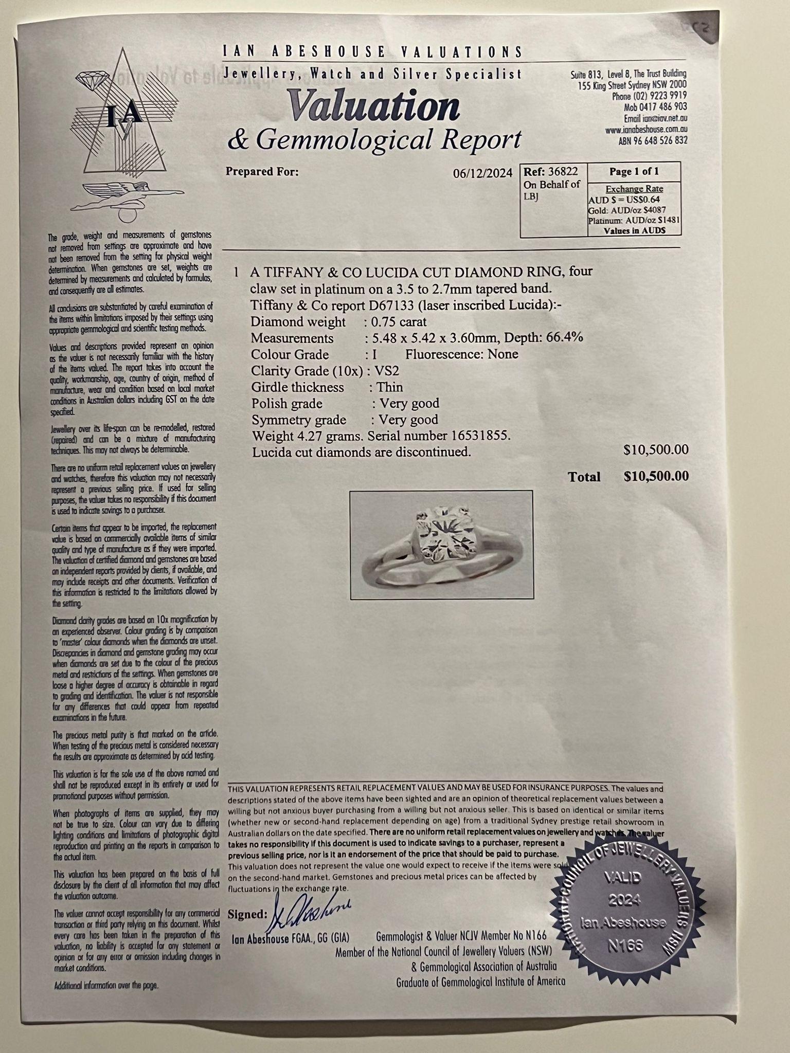 Tiffany & Co Platinum Lucida Cut Diamond Ring 0.75ct For Sale 3