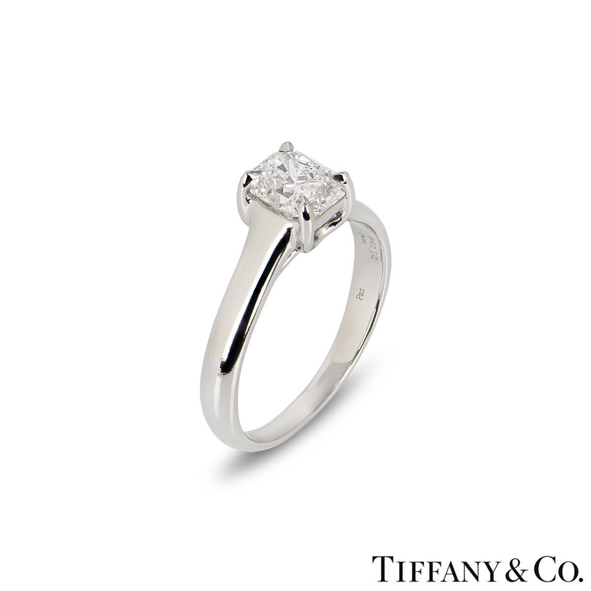 A beautiful platinum diamond ring from the Lucida collection by Tiffany & Co. The solitaire ring features a single Lucida cut diamond in a four claw mount, weighing 1.03ct, F colour and VVS2 clarity. The ring is currently a size M½ but can be