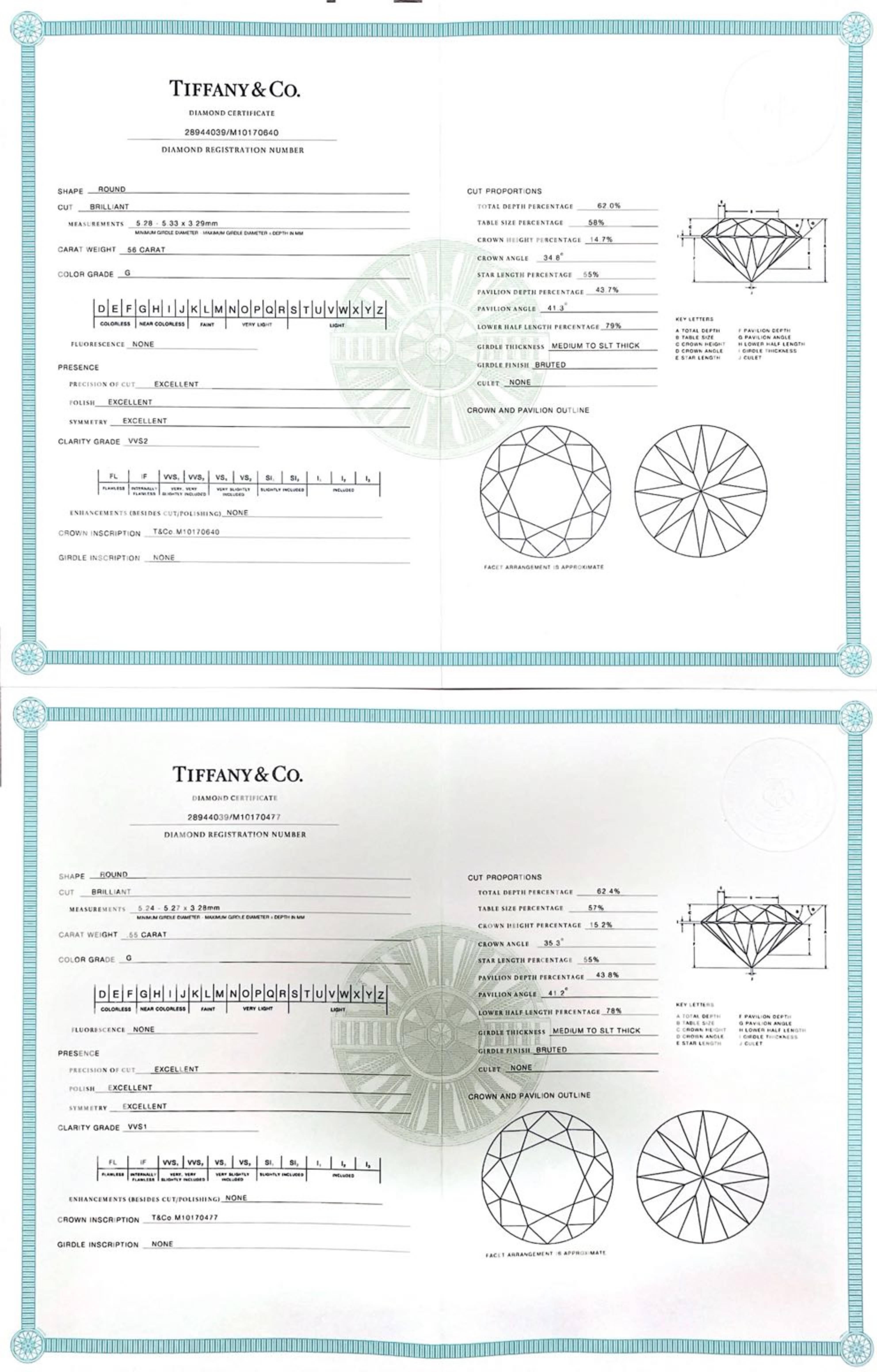 Tiffany & Co. Platinum Natural Round Diamond 1.11 Carat G VVS1-2 Stud Earrings For Sale 1