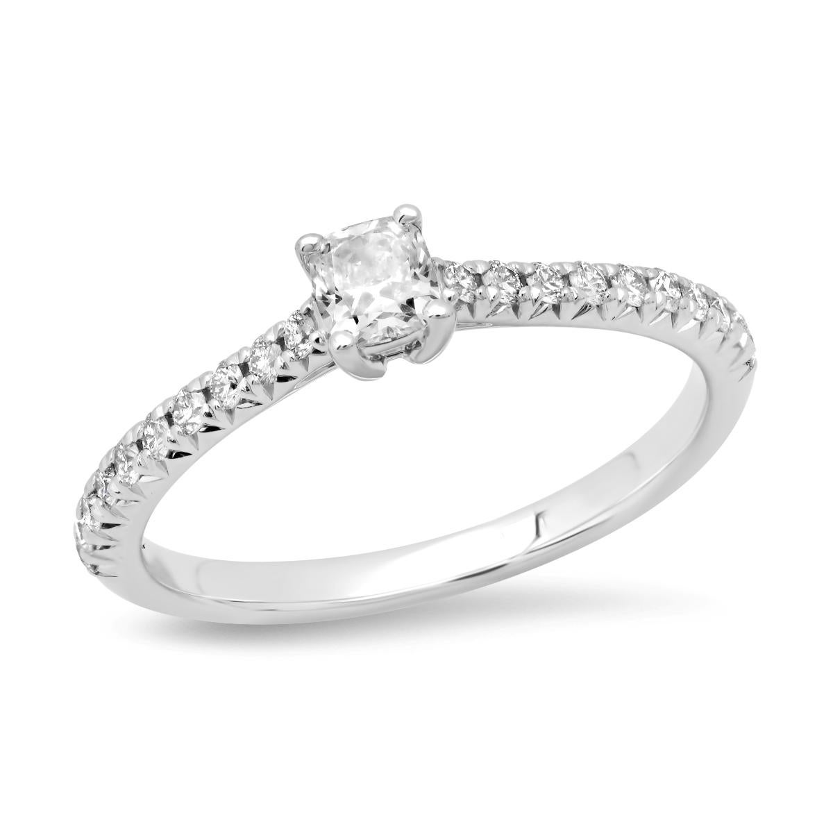 TIFFANY & Co. Platinum Novo Cushion Cut .22ct Diamond Engagement Ring 5.75

The cushion-cut center diamond—cut for brilliance with perfectly aligned facets and a roughly square shape—is set among four slim prongs, giving this timeless ring a