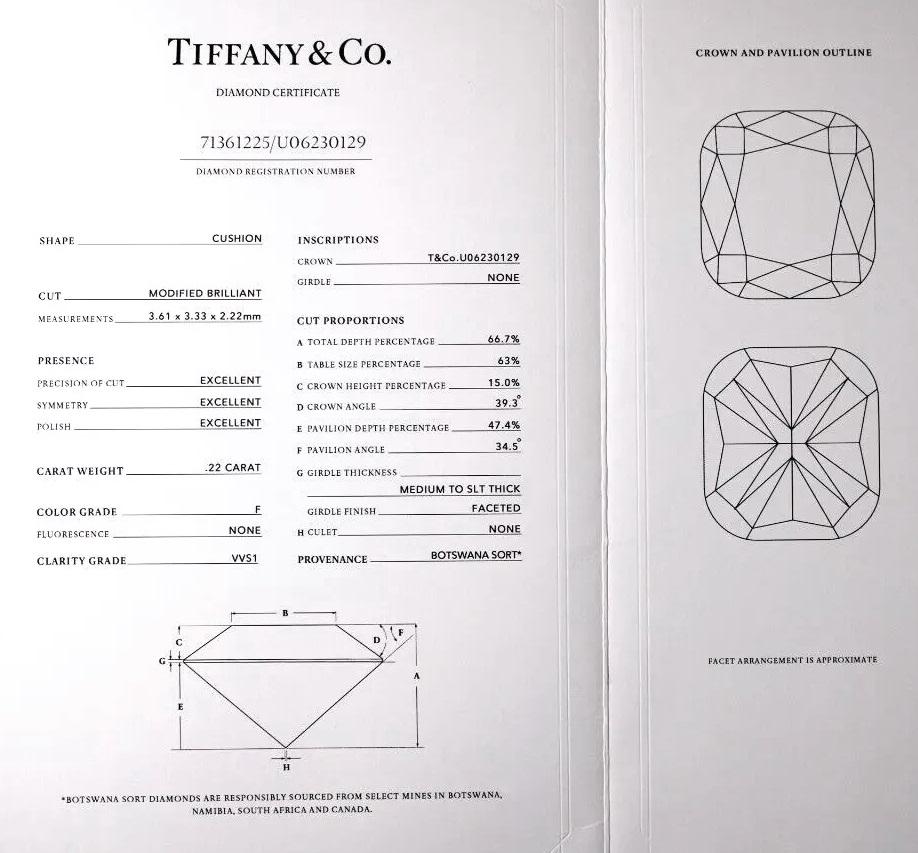 TIFFANY & Co. Platinum Novo Cushion Cut .22ct Diamond Engagement Ring 5.75 For Sale 3