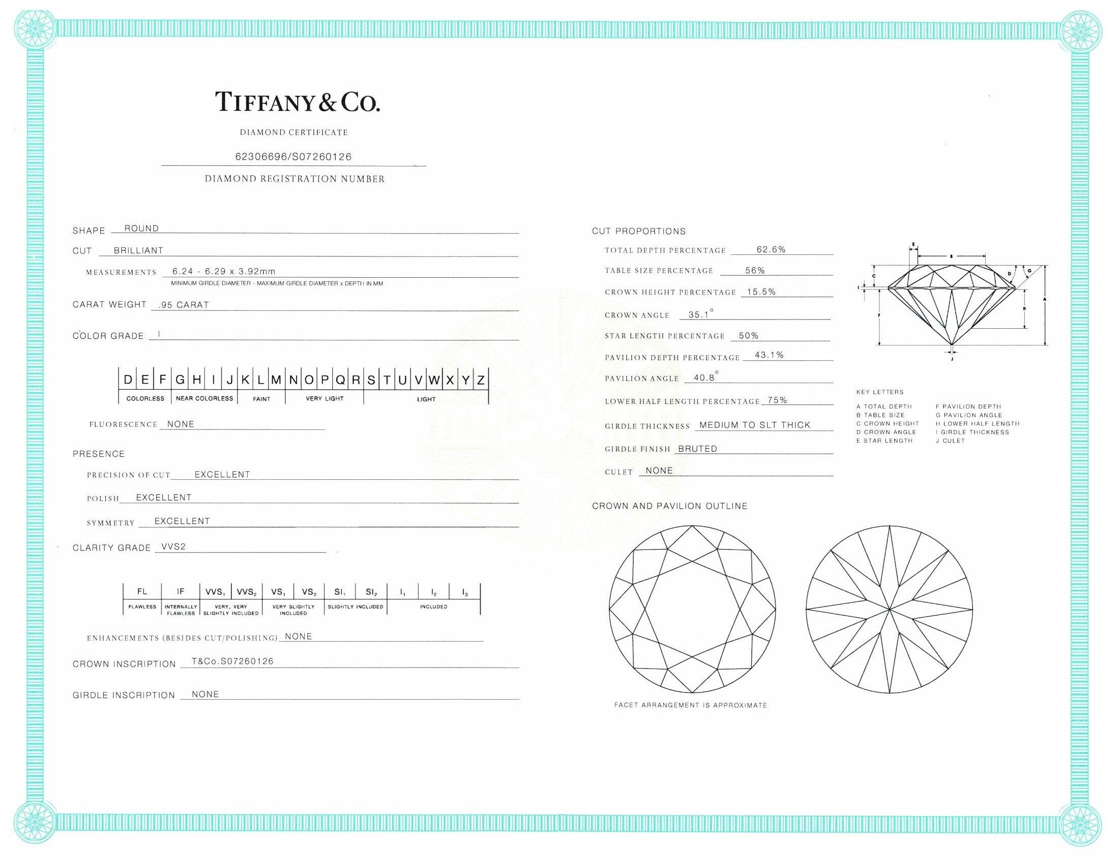 Women's Tiffany & Co. Platinum Novo Diamond Engagement Ring with Round .95ct IVVS2