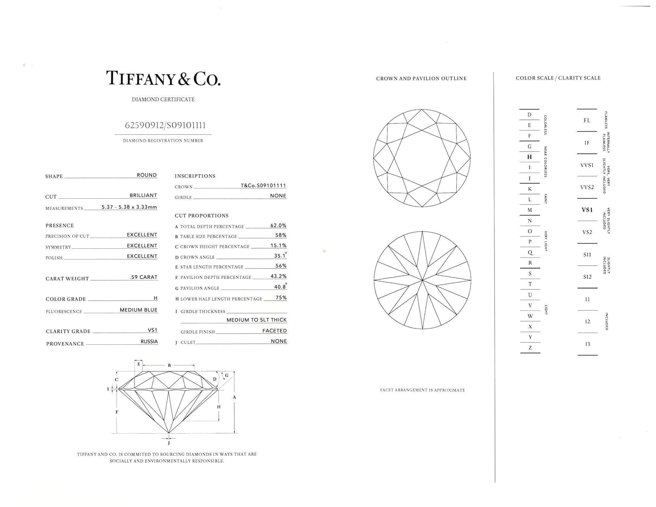 Tiffany & Co. Platinum Novo Round Diamond Engagement Ring .75cts Total HVS1 2
