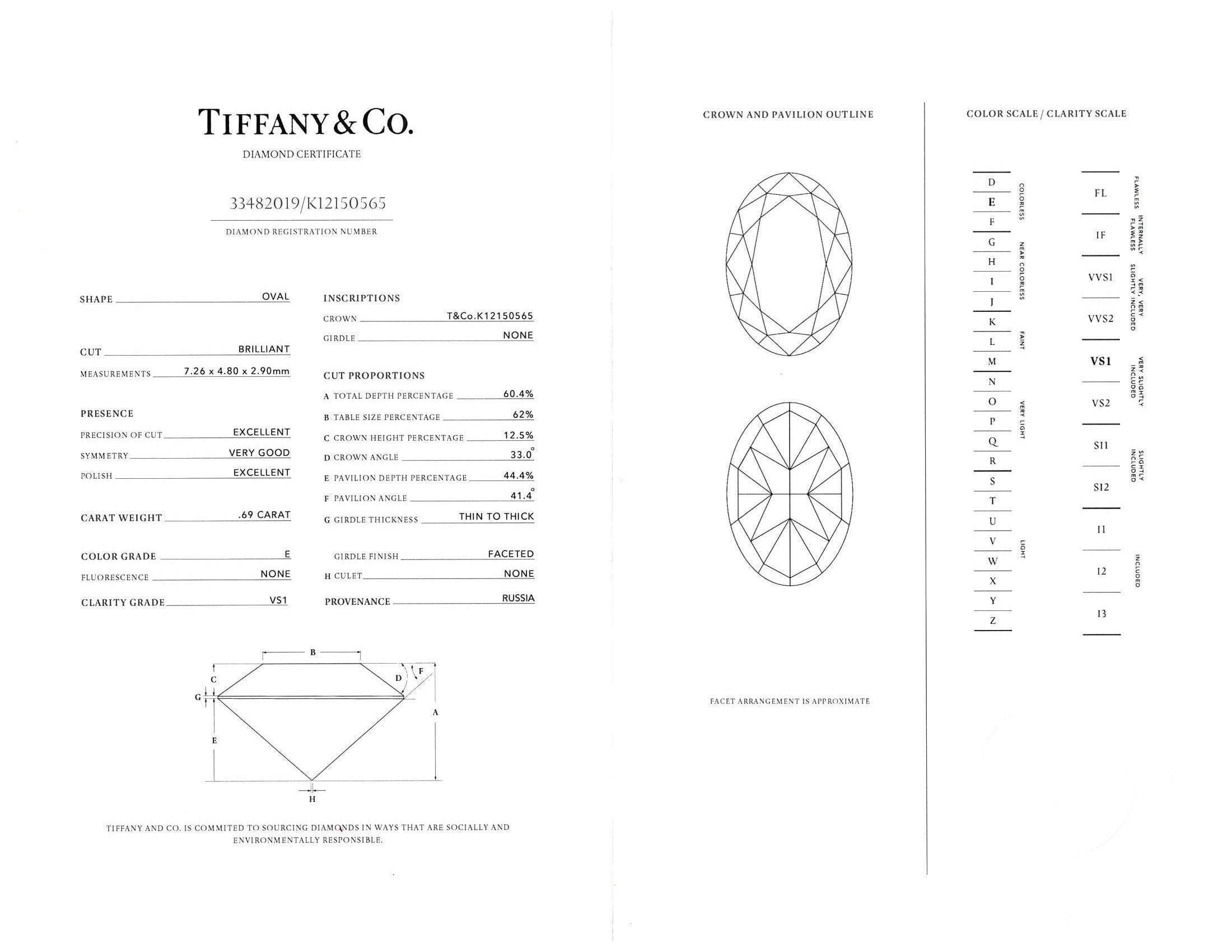 Women's Tiffany & Co. Platinum Oval Diamond Engagement Ring 0.69 Ct E VS1 Excellent Cut