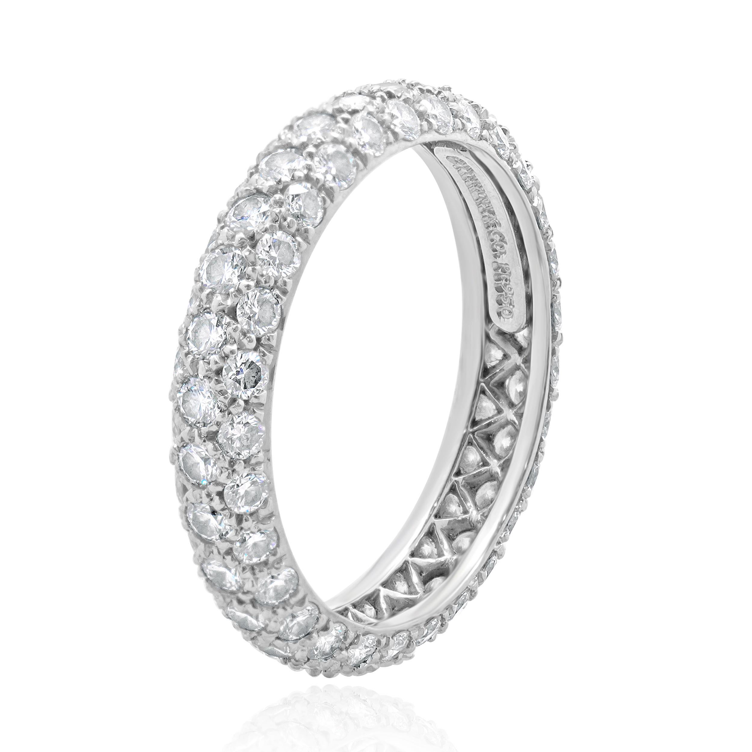 Designer: Tiffany & Co. 
Material: platinum
Diamond: 78 round brilliant cut = 1.51cttw
Color: G
Clarity: SI1
Dimensions: ring top measures 4mm
Size: 6.75
Weight: 3.51 grams
