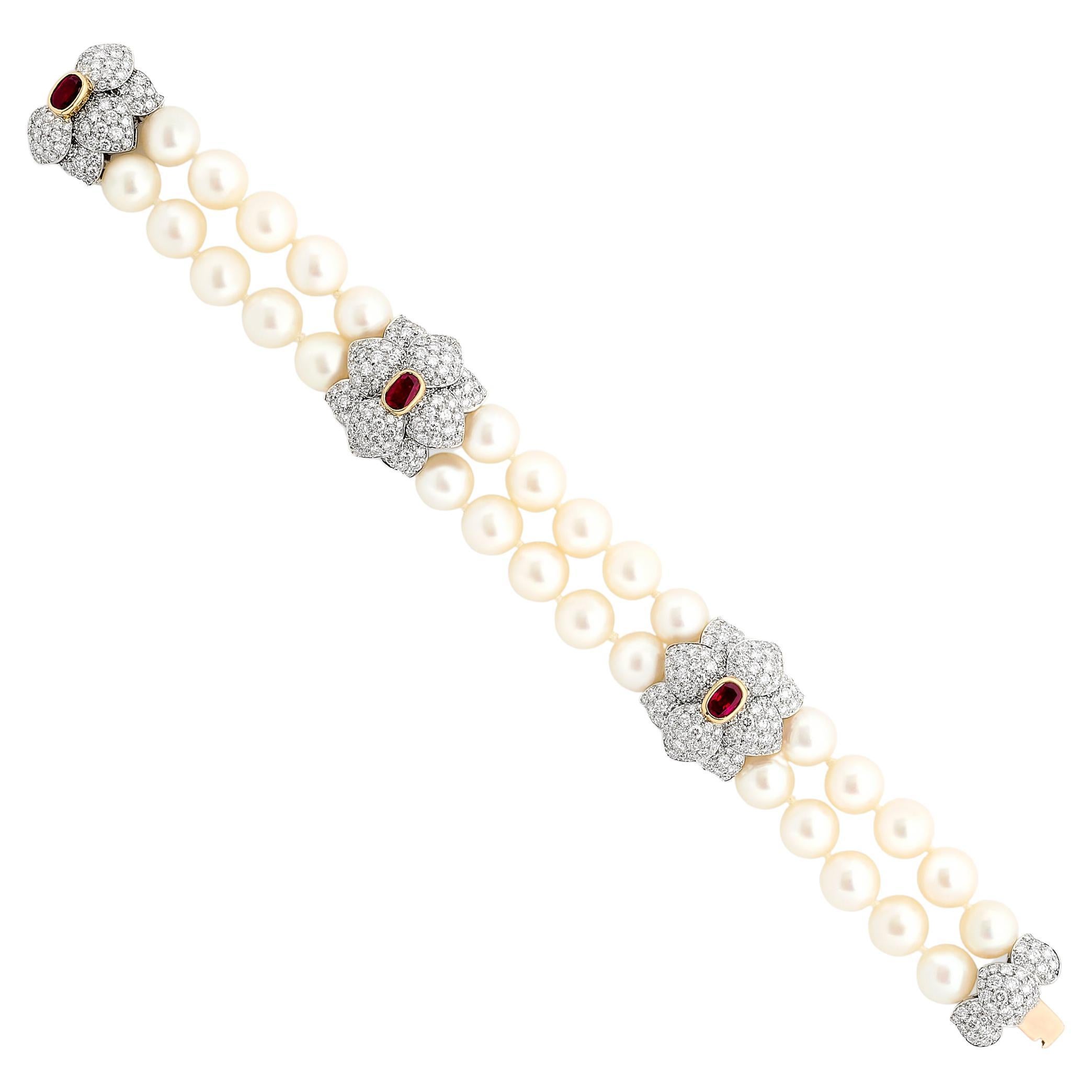 Tiffany & Co. Zweireihiges Armband aus Platin mit Perlen und Diamanten, Rubin-Blumenblumen