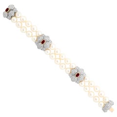 Tiffany & Co. Platinum Pearl and Diamond Ruby Flower Two Row Bracelet