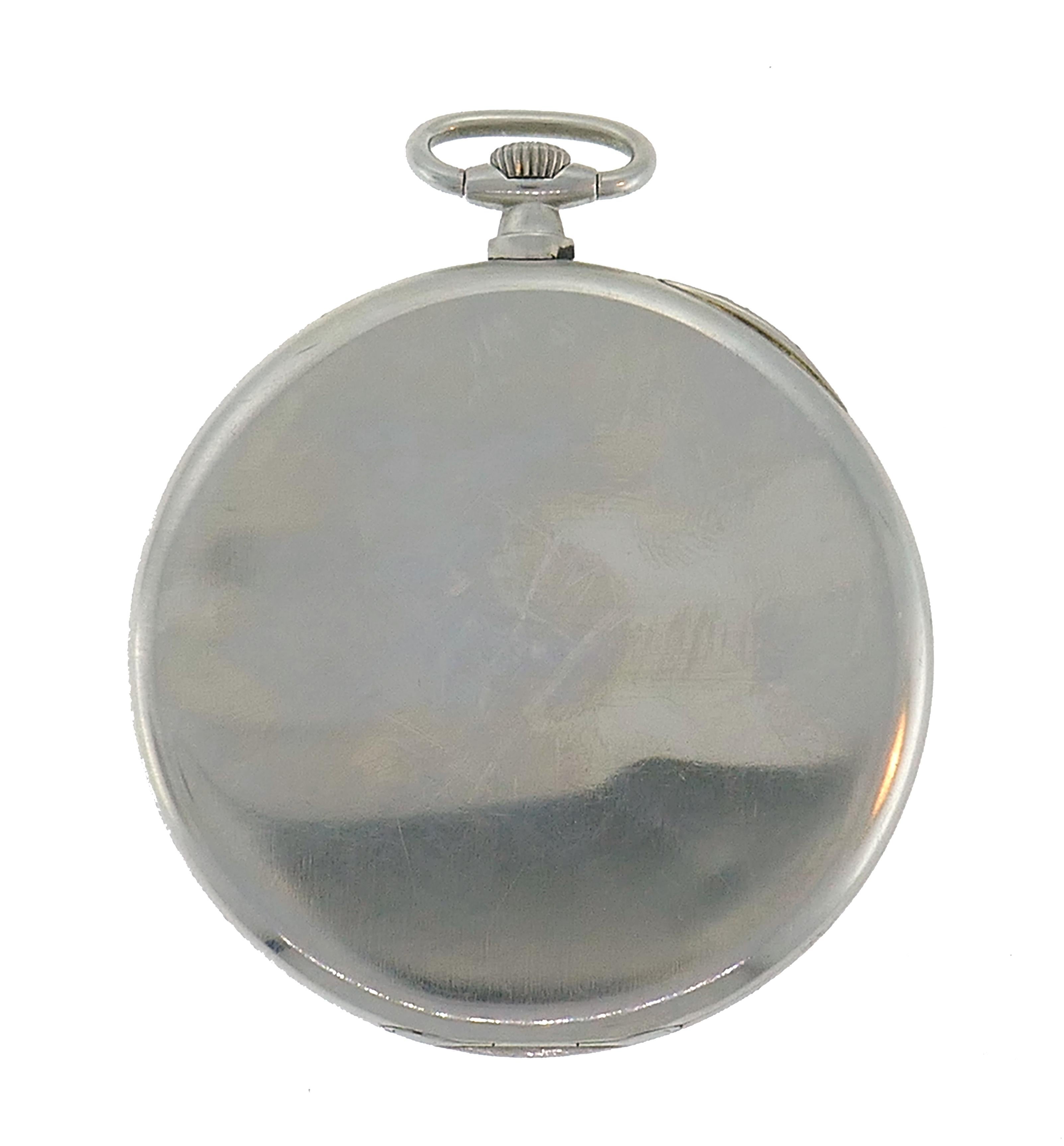 Lovely pocket watch pendant created by Tiffany & Co. in New York.
The watch is made of platinum.
Measurements: diameter 1-3/4 inches (4.5 centimeters).
Weight 62.9 grams.
Movement mechanical, 15 jewels, four adjustments, made by Movado watch