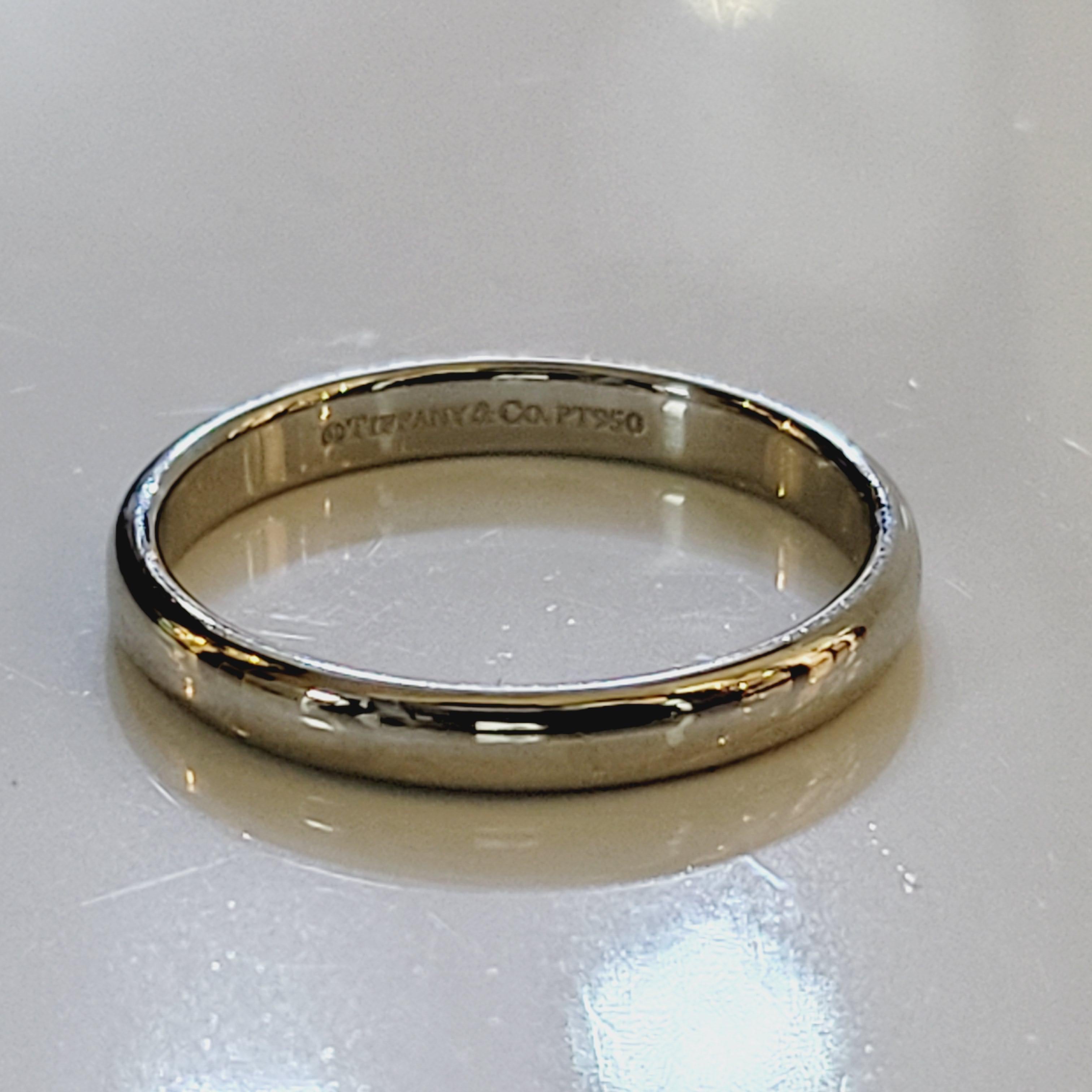 	
Occasion:	Wedding	
Sizable:	Yes
Metal:	Platinum
Brand:	Tiffany & Co.	
Ring Size:	  9 3/4	
Type:	Ring
Band Width:	3 mm
Base Metal:	Platinum, 950 parts per 1000	
Style:	Band
Retial $1850
Sale $995