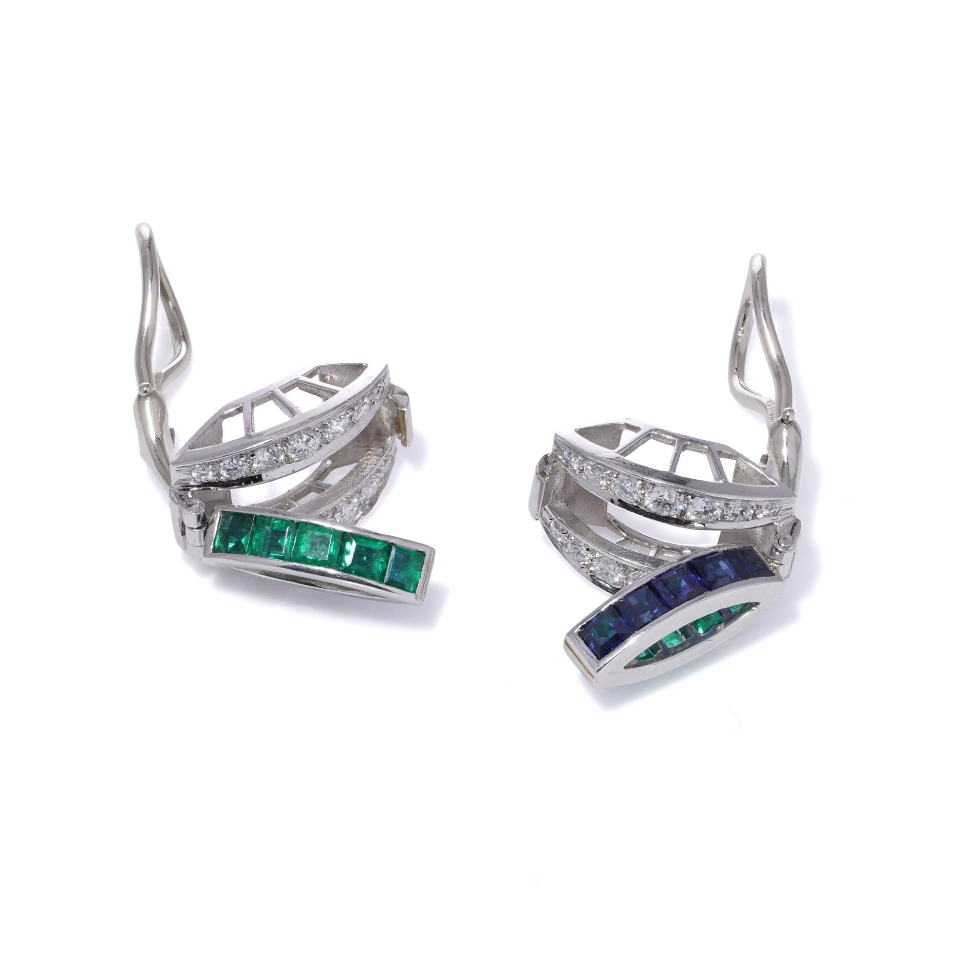 Emerald Cut Tiffany & Co. platinum reversible earrings, sapphire, emerald and diamond. For Sale