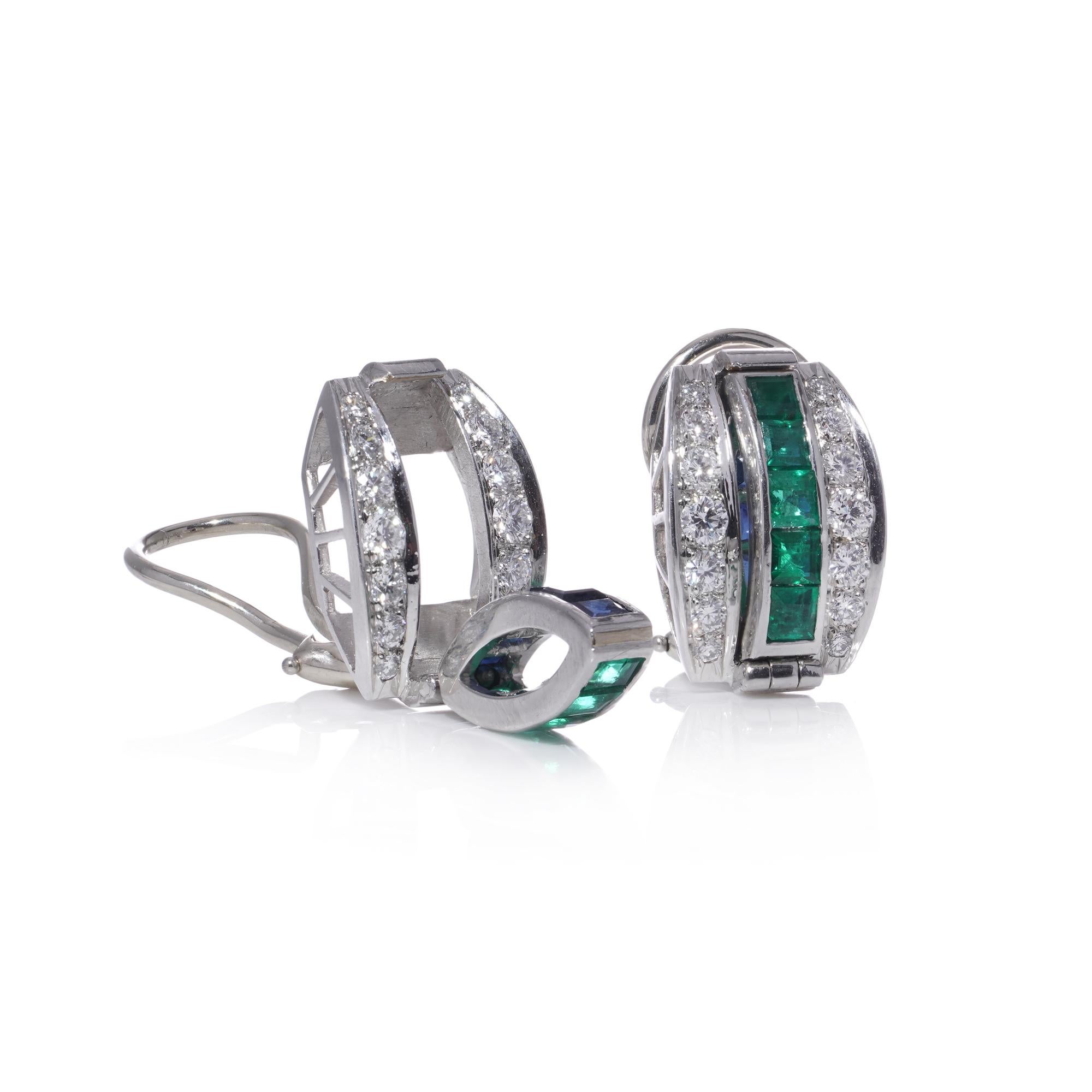 Tiffany & Co. platinum reversible earrings, sapphire, emerald and diamond. For Sale 1
