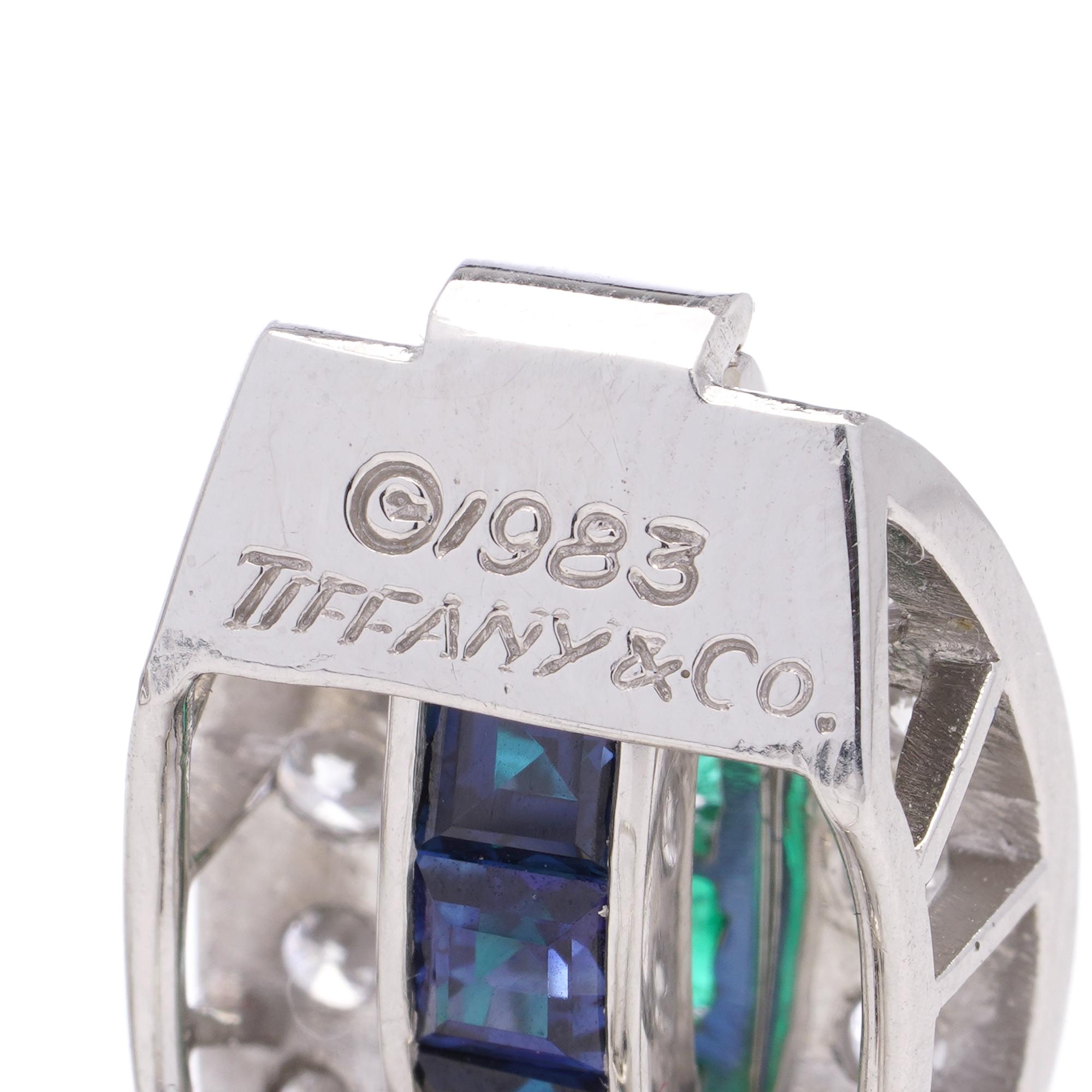 Tiffany & Co. platinum reversible earrings, sapphire, emerald and diamond. For Sale 3
