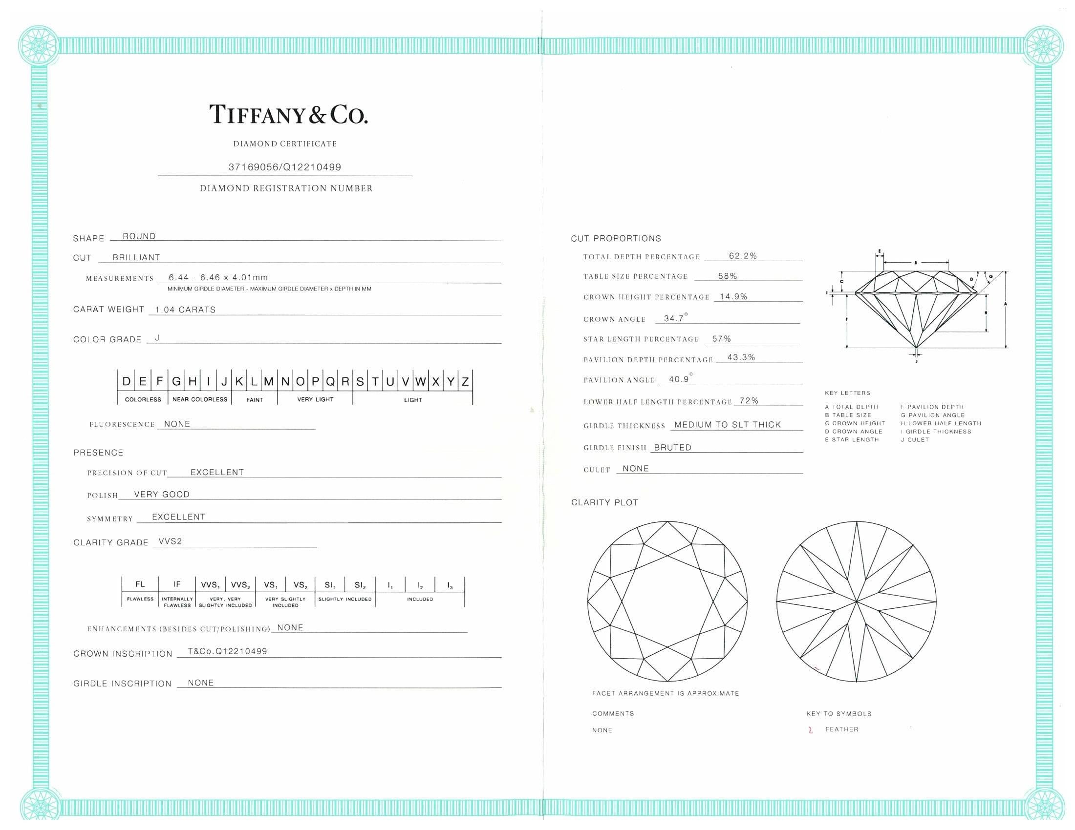 Tiffany & Co. Platinum Round 1.04 JVVS2 Diamond Solitaire Pendant Necklace 1