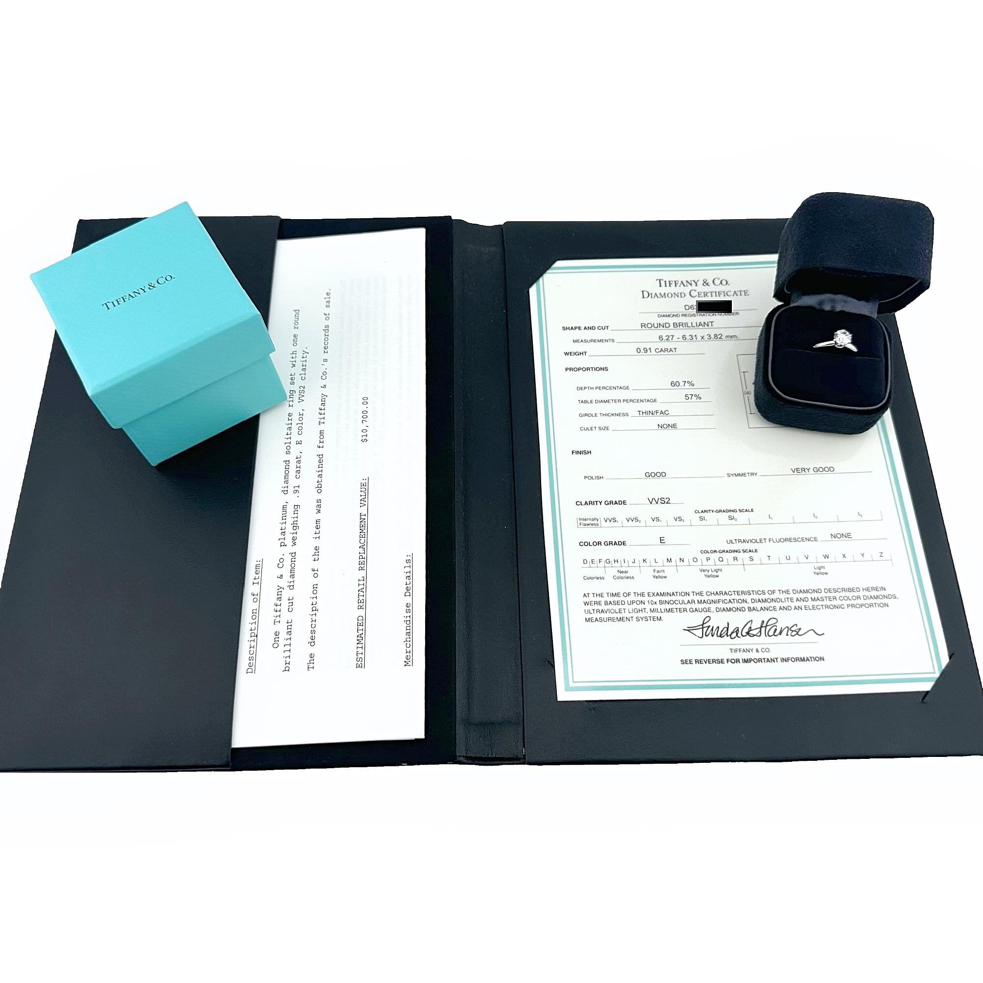 Tiffany & Co Platinum Round Diamond 0.91 cts E VVS2 Solitaire Engagement Ring For Sale 5